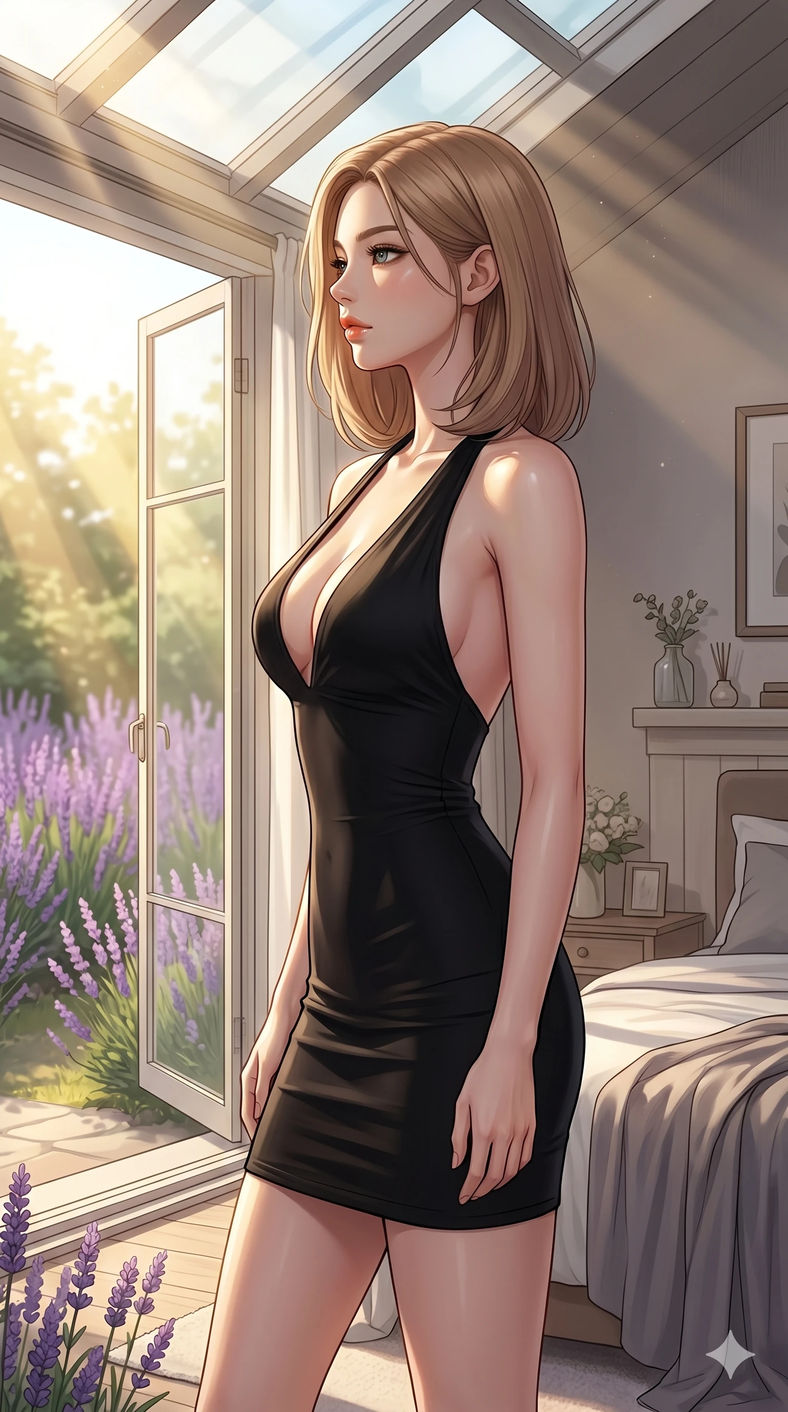 score_9, masterpiece, best quality, ultra-detailed, high-budget anime keyframe, editorial fashion photography, tasteful artistic composition, Korean woman. cowboy shot from the thighs up, character and outfit filling the frame for maximum editorial presence. posing with quiet magnetic self-assurance, her face turned in a sharp profile against the golden light inside a sun-washed private bedroom by a large open window overlooking a quiet lavender garden (Code-P076). She has an absolutely perfect 8-heads proportion, an exceptionally tall and slender female figure with impossibly long slender legs and an ultra-slim waist. V-shaped jawline, high-bridge nose, intricate jewel-like eyes with depth, thick eyelashes, glossy lips with a natural sheen. wearing a sleek form-fitting black bodycon dress with a dramatic plunging neckline and bare shoulders. drenched in soft morning sunbeams filtering through the glass roof, highlighting her delicate clavicle. 2k, ultra detail, master piece, 9:16 ratio
