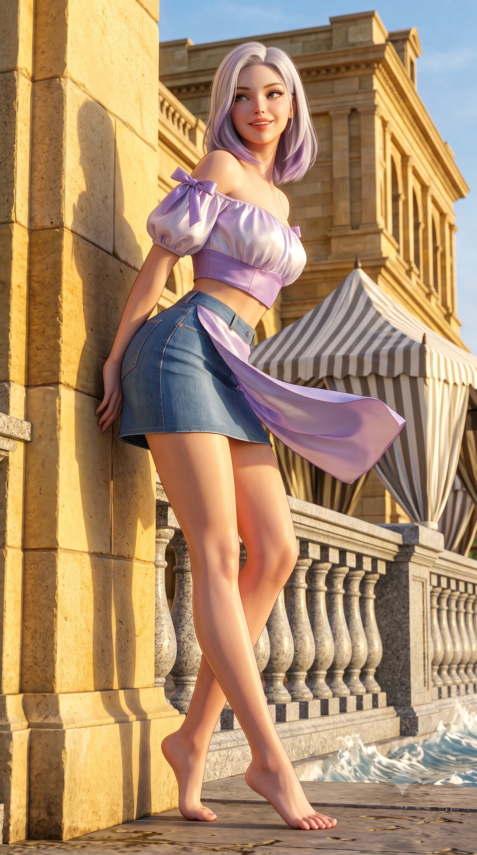 score_9, masterpiece, best quality, ultra-detailed, high-budget anime keyframe, semi-realistic 3D game render, editorial fashion photography, tasteful artistic composition, Caucasian woman. low angle full-body shot from head to toe showing her feet, filling the entire 9:16 vertical frame with her statuesque presence, stretching her vertical silhouette. leaning deep against the sunlit architecture with hips cocked back in a cute yet unapologetically alluring high-fashion stance, flashing a warm beaming smile while turning in an alluring S-curve as ocean trade winds whip her silk wrap skirt, gazing toward the historic casino palace with parted glossy lips. The surrounding environment is rendered in vivid detail and crisp panoramic clarity. sharp granite promenade balustrades, striped canvas tent textures, and ocean wave crest caustics in deep focus. She has an exceptionally tall and slender model-like 8.5-heads proportion, an ultra-slim waist, a flat toned midriff, narrow delicate ribcage, and beautifully sculpted feminine hips creating a graceful, slim hourglass silhouette without any bulky heaviness, with impossibly long slender legs. sharp v-shaped jawline, high-bridge nose, intricate jewel-like sparkling eyes with depth, thick eyelashes, glossy parted lips with a natural peach sheen, bright cheerful beaming smile with an enchanting and coquettish sensual glint, exuding both youthful cute charm and seductive allure, flawlessly proportioned anatomical accuracy, strict slender model proportions, natural body alignment, perfectly sculpted long slender limbs, ultra-slim waistline, clean dynamic posture without body distortion. wearing an off-shoulder puff-sleeve crop blouse with a tight high-waisted denim A-line mini skirt emphasizing her curvy hips in delicate lavender violet and pearlescent white, crafted from soft cozy cashmere yarn with an airy drape, finished with cute satin bow ribbons tying at the shoulders, the precision-cut side openings and low-back scoop framing her graceful spine and the sensual sweep of her slim, toned hips. bathed in brilliant golden hour Atlantic sunlight and intense golden sand bounce fill. highly saturated vibrant anime colors, detailed shading with soft gradients, rich glossy textures, high-contrast stereoscopic depth, volumetric dynamic lighting, master piece, 9:16 ratio