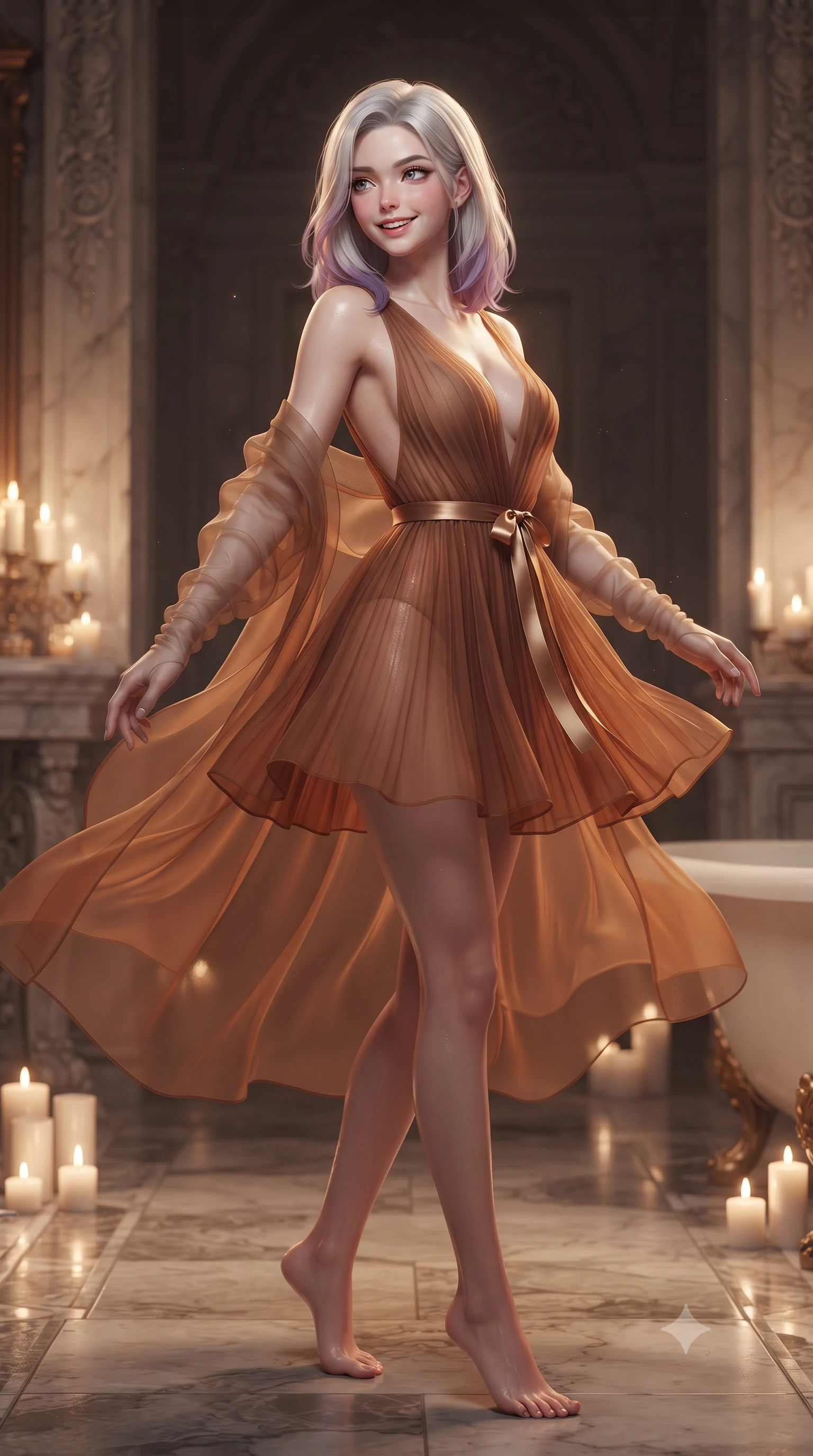 score_9, masterpiece, best quality, ultra-detailed, high-budget anime keyframe, editorial fashion photography, tasteful artistic composition, Caucasian woman. low angle full-body shot from head to toe showing her feet, filling the entire 9:16 vertical frame with her statuesque presence, stretching her vertical silhouette. executing a slow, graceful pivot turn as her skirt sways around her slender legs, glancing back with an enchanting, teasing sensual expression while twisting her slender torso in an alluring contrapposto stance, glistening bath moisture and candle glow tracing her flat midriff and hips. The surrounding environment is rendered in vivid detail and crisp panoramic clarity: detailed sheer silk organza robe drape slipping off bare shoulders, satin bralette cling, and master stonework in razor-sharp precision. She has an exceptionally tall and slender model-like 8.5-heads proportion, an ultra-slim waist, a flat toned midriff, narrow delicate ribcage, and beautifully sculpted feminine hips creating a graceful, slim hourglass silhouette without any bulky heaviness, with impossibly long slender legs. sharp v-shaped jawline, high-bridge nose, intricate jewel-like sparkling eyes with depth, thick eyelashes, glossy parted lips with a natural peach sheen, bright cheerful beaming smile with an enchanting and coquettish sensual glint, exuding both youthful cute charm and seductive allure, flawlessly proportioned anatomical accuracy, strict slender model proportions, natural body alignment, perfectly sculpted long slender limbs, ultra-slim waistline, clean dynamic posture without body distortion. wearing a sheer pleated chiffon baby-doll dress with a plunging sweetheart neckline and satin ribbon waist tie in warm cinnamon silk and burnished gold, made of fluid liquid jersey with seamless sculpting hold and smooth contours, complemented by sheer opera-length evening gloves tracing her slender arms, the precision-cut side openings and low-back scoop framing her graceful spine and the sensual sweep of her slim, toned hips. illuminated by tub water caustics bounce and sharp platinum-rose rim lights sculpting her cheekbones, flat midriff, and curvaceous hips. ultra-reflective glossy finish, specular highlights, rich textural contrasts, high-contrast stereoscopic depth, volumetric dynamic lighting, 2k, ultra detail, master piece, 9:16 ratio