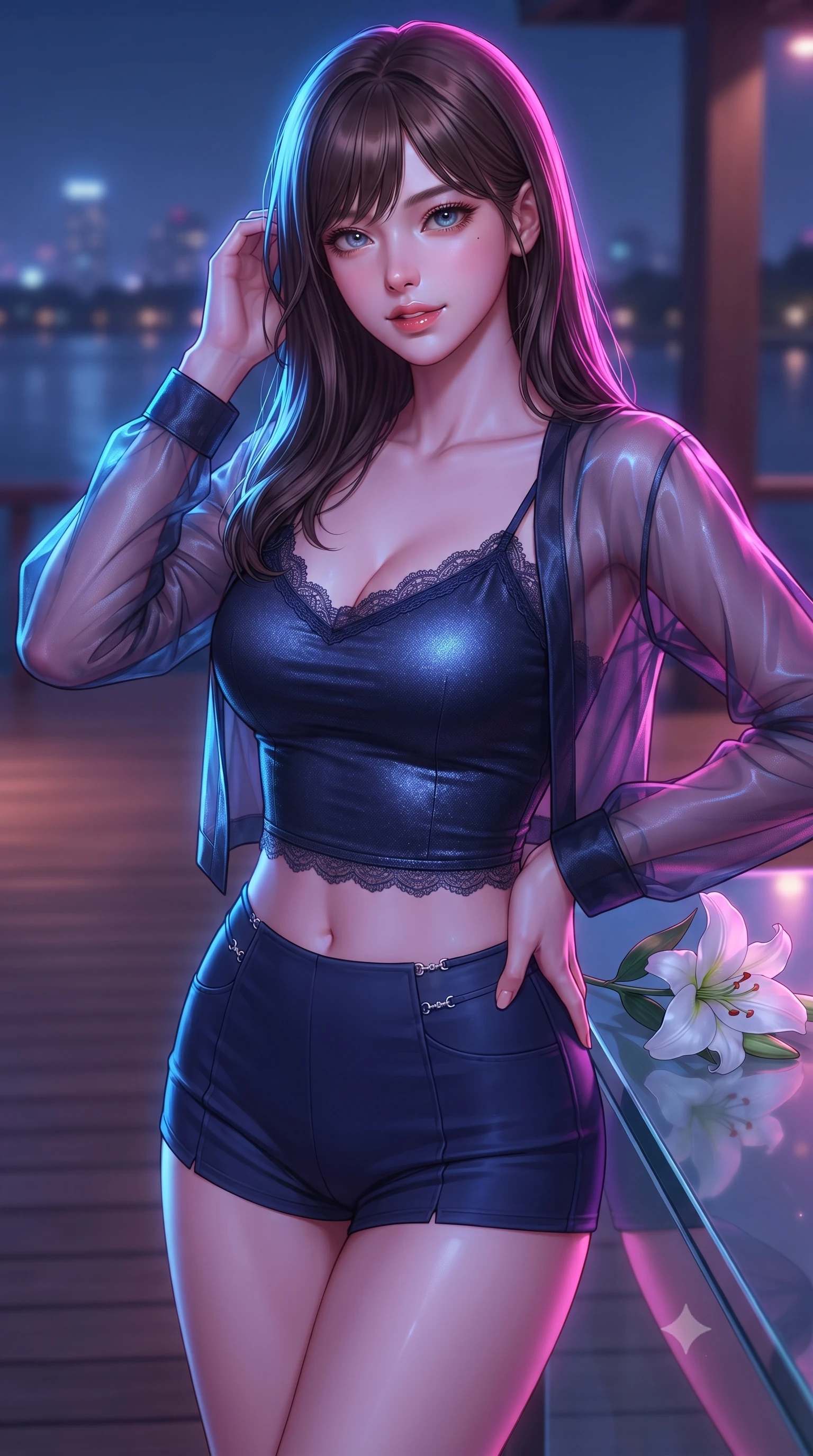 score_9, masterpiece, best quality, ultra-detailed, high-budget anime keyframe, editorial fashion photography, tasteful artistic composition, Korean woman. close-up cowboy shot from the waist and thighs up, the character dominates the composition, filling the frame with her large presence, background elements kept in soft focus. gazing directly into the camera with a smoldering, magnetic half-smile, her glossy lips parted alluringly set against a soft-focus background of inside an exclusive lakeside pier with a single long-stemmed white lily resting against a polished glass surface. She has an exceptionally elegant, slender, and willowy female figure with an ultra-slim waist, a gracefully sculpted slender torso, and a refined silhouette. sharp v-shaped jawline, high-bridge nose, intricate jewel-like eyes with depth, thick eyelashes, glossy lips with a natural sheen. wearing slim-fit midnight navy metallic jersey delicate lace-trim crop top worn under a sheer organza cardigan with high-waist micro-shorts accented with delicate silver hardware. drenched in dramatic neon rim-lighting that traces the sleek contours of her figure. highly saturated vibrant anime colors, detailed shading with soft gradients, rich glossy textures, high-contrast stereoscopic depth, volumetric dynamic lighting, master piece, 9:16 ratio