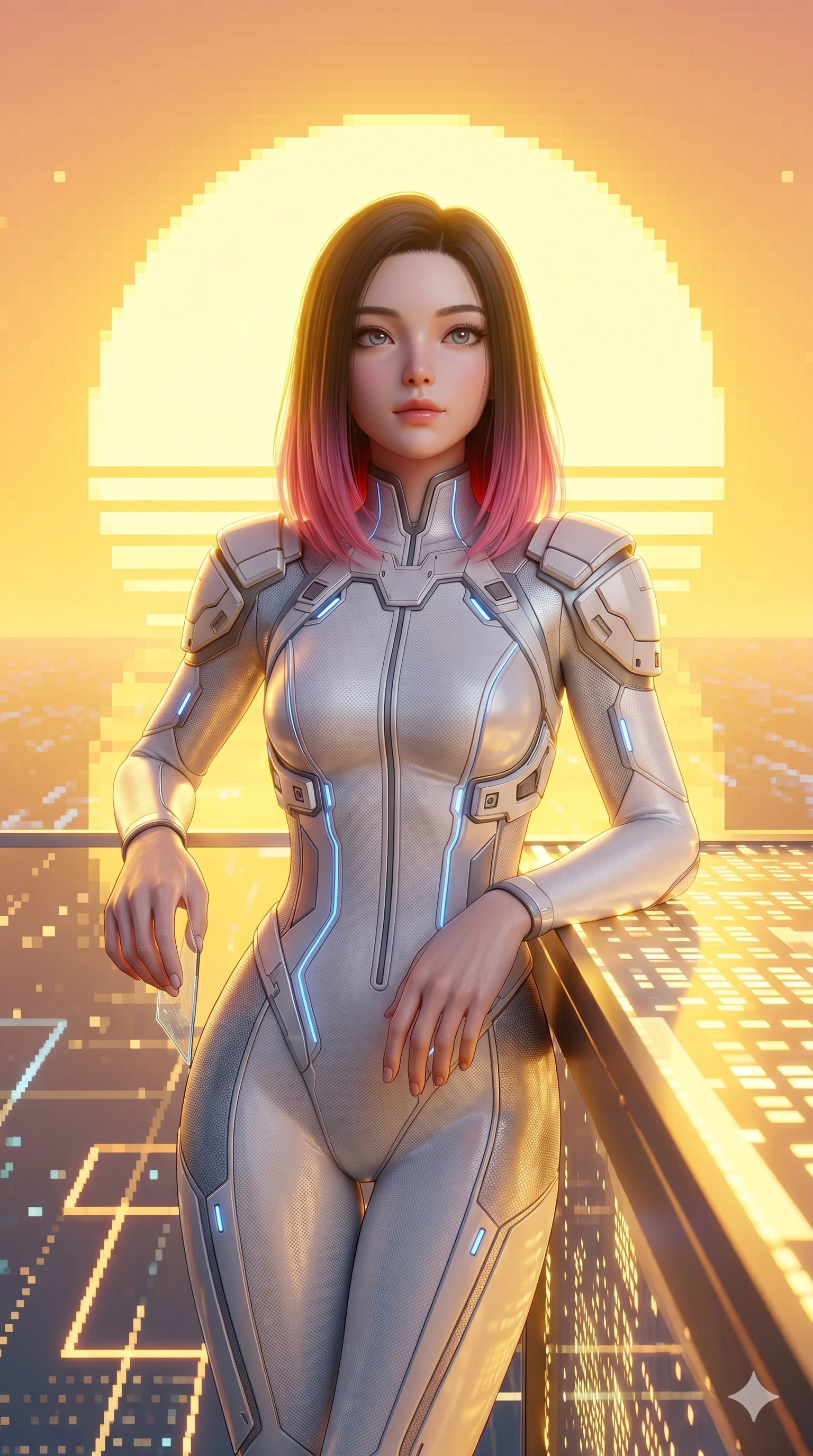 score_9, masterpiece, best quality, ultra-detailed, high-budget anime keyframe, semi-realistic 3D game render, Korean woman. Upper body close-up from the thighs up, character filling the screen for maximum presence. Inside a virtual reality skybox, looking at a pixelated sun, standing on the edge, looking at the sun with a dreamy, serene expression. She is wearing a sleek white and silver jumpsuit with structured shoulder panels. The scene is drenched in the bright yellow and orange light of the pixelated sun. 2k, ultra detail, master piece, 9:16 ratio