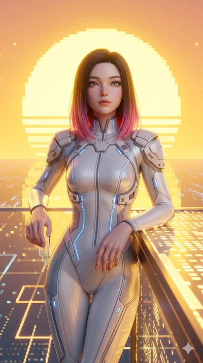 score_9, masterpiece, best quality, ultra-detailed, high-budget anime keyframe, semi-realistic 3D game render, Korean woman. Upper body close-up from the thighs up, character filling the screen for maximum presence. Inside a virtual reality skybox, l