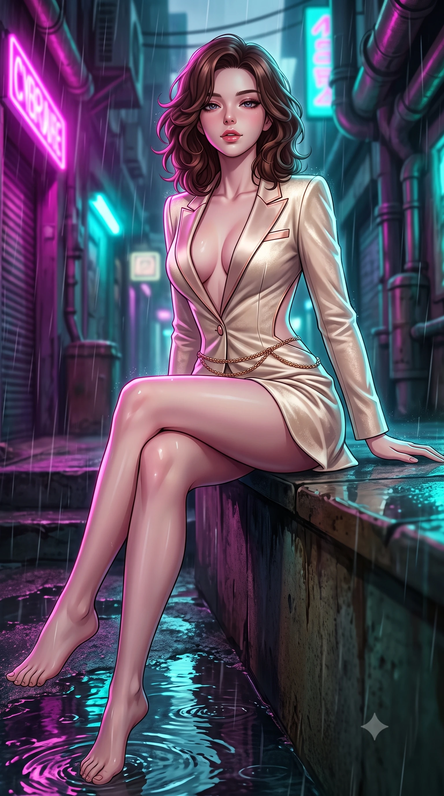 score_9, masterpiece, best quality, ultra-detailed, high-budget anime keyframe, semi-realistic 3D game render, editorial fashion photography, tasteful artistic composition, Korean woman. low angle full-body shot from head to toe showing her feet, filling the entire 9:16 vertical frame with her statuesque presence, stretching her vertical silhouette. sitting perched on the elevated edge with hips angled toward the camera and legs crossed, displaying her toned midriff and flawlessly sculpted slender limbs while striding through the rain-slicked alleyway beneath flashing neon signs, arching her back with sovereign poise as water ripples splash beneath her long slender legs. The composition keeps background elements in soft focus with creamy bokeh. cybernetic utility pipes and wet asphalt puddles softened in moody cyberpunk shallow focus. She has an exceptionally tall and slender model-like 8.5-heads proportion, an ultra-slim waist, a flat toned midriff, narrow delicate ribcage, and beautifully sculpted feminine hips creating a graceful, slim hourglass silhouette without any bulky heaviness, with impossibly long slender legs. sharp v-shaped jawline, high-bridge nose, intricate jewel-like eyes with depth, thick eyelashes, glossy parted lips with a natural sheen, intensely captivating and seductive bedroom-eyes expression, flawlessly proportioned anatomical accuracy, strict slender model proportions, natural body alignment, perfectly sculpted long slender limbs, ultra-slim waistline, clean dynamic posture without body distortion. wearing a tailored velvet tuxedo jacket dress with satin lapels, worn with a deep plunge neckline and gold hip buckle in vintage champagne ivory and delicate rose gold, tailored from liquid silk jersey adhering flawlessly to her slender build, accented with a delicate gold chain belt resting loosely on her curvy hips, the precision-cut side openings and low-back scoop framing her graceful spine and the sensual sweep of her slim, toned hips. bathed in high-contrast electric magenta and turquoise neon edge lights contrasting with rain-soaked shadow tones. highly saturated vibrant anime colors, detailed shading with soft gradients, rich glossy textures, high-contrast stereoscopic depth, volumetric dynamic lighting, master piece, 9:16 ratio