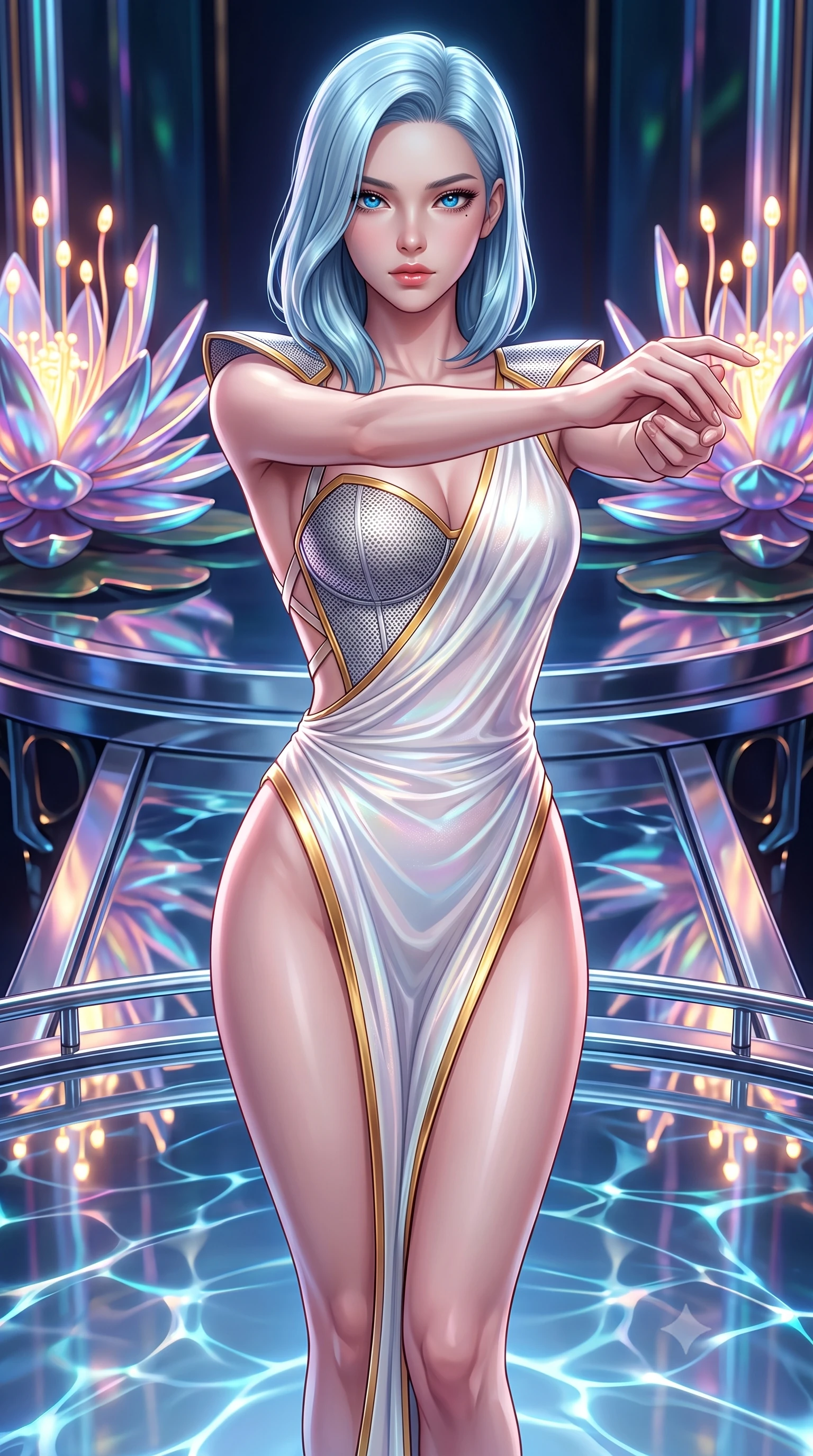 score_9, masterpiece, best quality, ultra-detailed, high-budget anime keyframe, semi-realistic 3D game render, editorial fashion photography, tasteful artistic composition, Korean woman. close-up cowboy shot from the waist and thighs up, the character dominates the composition, filling the frame with her large presence. gazing forward with divine sovereign poise, captivating jewel-like eyes shining with transcendent luminescence and alluring grace while stretching forward with an alluring S-curve silhouette on a floating mirror dais catching intense caustic reflections. The surrounding environment is rendered in vivid detail and crisp panoramic clarity. intricate cybernetic lotus stamen LEDs, polished chrome platform edges, and clear caustics in high clarity. She has an exceptionally elegant, slender, and willowy female figure with an ultra-slim waist, a gracefully sculpted slender torso, toned flat midriff, and a refined slim silhouette. sharp v-shaped jawline, high-bridge nose, intricate jewel-like eyes with depth, thick eyelashes, glossy lips with a natural sheen, flawlessly proportioned anatomical accuracy, strict slender model proportions, natural body alignment, perfectly sculpted long slender limbs, ultra-slim waistline, clean dynamic posture without body distortion. wearing a structured titanium-mesh bustier with geometric shoulder pauldrons and an ultra-slender liquid jersey drape in pristine liquid pearl white and radiant solar gold trim, crafted from delicate iridescent organza interwoven with luminescent micro-fibers, complemented by criss-cross back straps highlighting her completely bare spine, the sleek second-skin cut tightly hugging her graceful clavicle, narrow waist, and feminine curves with athletic precision. surrounded by an opulent, mystical, and sacredly sensual android goddess ambiance. rich saturated anime colors with glowing neon highlights, detailed shading with soft gradients, rich glossy textures, high-contrast stereoscopic depth, volumetric dynamic lighting, master piece, 9:16 ratio