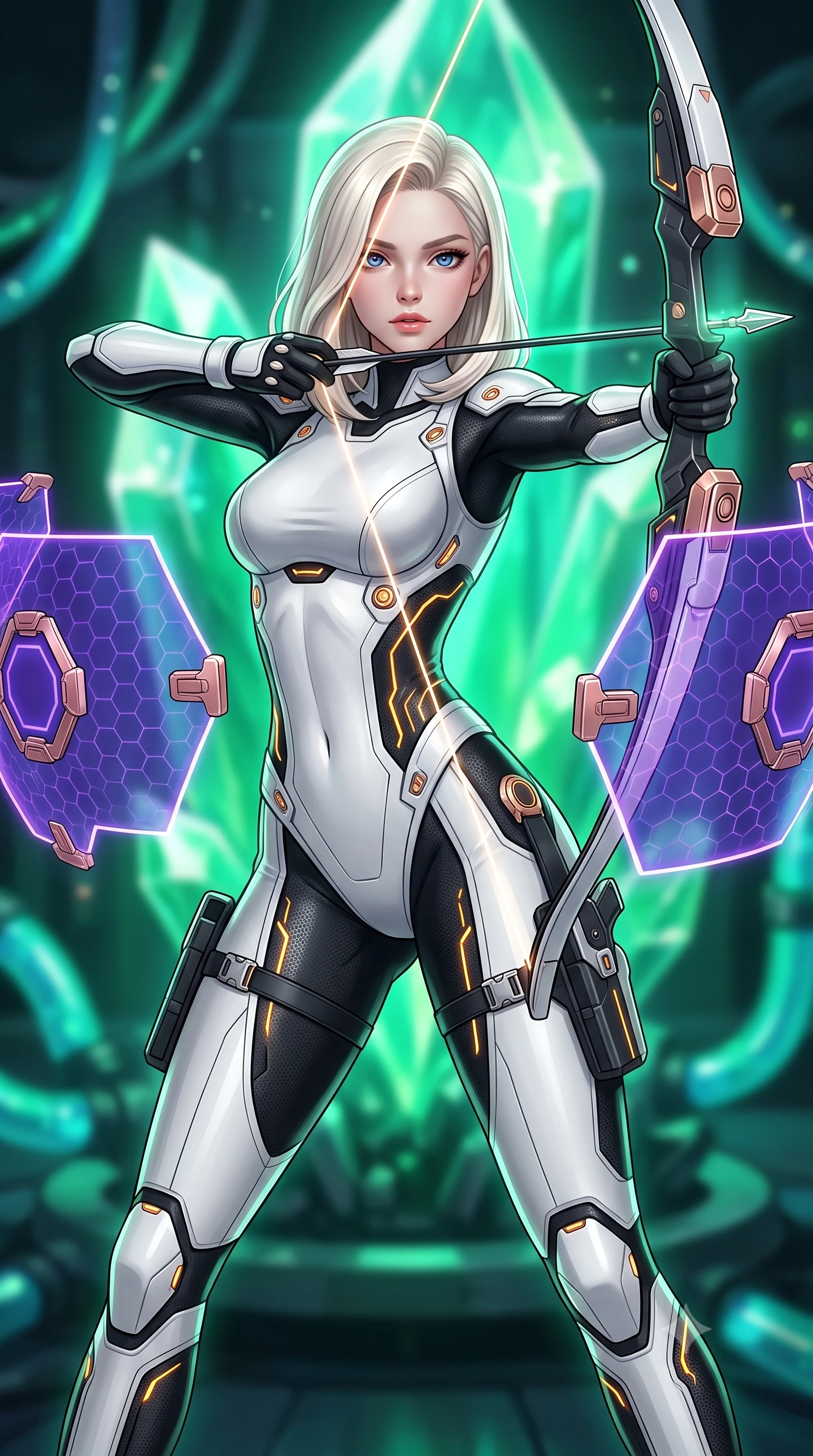 score_9, masterpiece, best quality, ultra-detailed, high-budget anime keyframe, semi-realistic 3D game render, editorial fashion photography, tasteful artistic composition, Caucasian woman. close-up cowboy shot from the waist and thighs up, the character dominates the composition, filling the frame with her large presence. gazing forward with divine sovereign poise, captivating jewel-like eyes shining with transcendent focus while holding her weapon with effortless mastery while arching her back gracefully with full draw-string tension, her long slender legs and torso creating a sweeping line of power. The composition keeps background elements in soft focus with creamy bokeh. massive glowing emerald reactor crystals and pulsing coolant tubes blurred into rich green and turquoise bokeh. She has an exceptionally elegant, slender, and willowy female figure with an ultra-slim waist, a gracefully sculpted slender torso, toned flat midriff, and a refined slim silhouette. sharp v-shaped jawline, high-bridge nose, intricate jewel-like eyes with depth, thick eyelashes, glossy lips with a natural sheen, flawlessly proportioned anatomical accuracy, strict slender model proportions, natural body alignment, perfectly sculpted long slender limbs, ultra-slim waistline, clean dynamic posture without body distortion. wearing a high-contrast monochrome white-and-black carbon-composite exoskeleton suit with glowing amber circuitry, deploying floating hexagonal holographic energy shields with sovereign grace in royal purple carbon fiber with rose-gold hardware and clasps, made of liquid carbon-jersey fabric adhering flawlessly to her sculpted silhouette, detailed with magnetic weapon holsters and polished chrome connection clasps, the sleek second-skin cut tightly hugging her graceful clavicle, narrow waist, and feminine curves with athletic precision. bathed in intense radiant emerald crystal core backlighting and glowing photon bow illumination. rich saturated anime colors with glowing neon highlights, detailed shading with soft gradients, rich glossy textures, high-contrast stereoscopic depth, volumetric dynamic lighting, master piece, 9:16 ratio