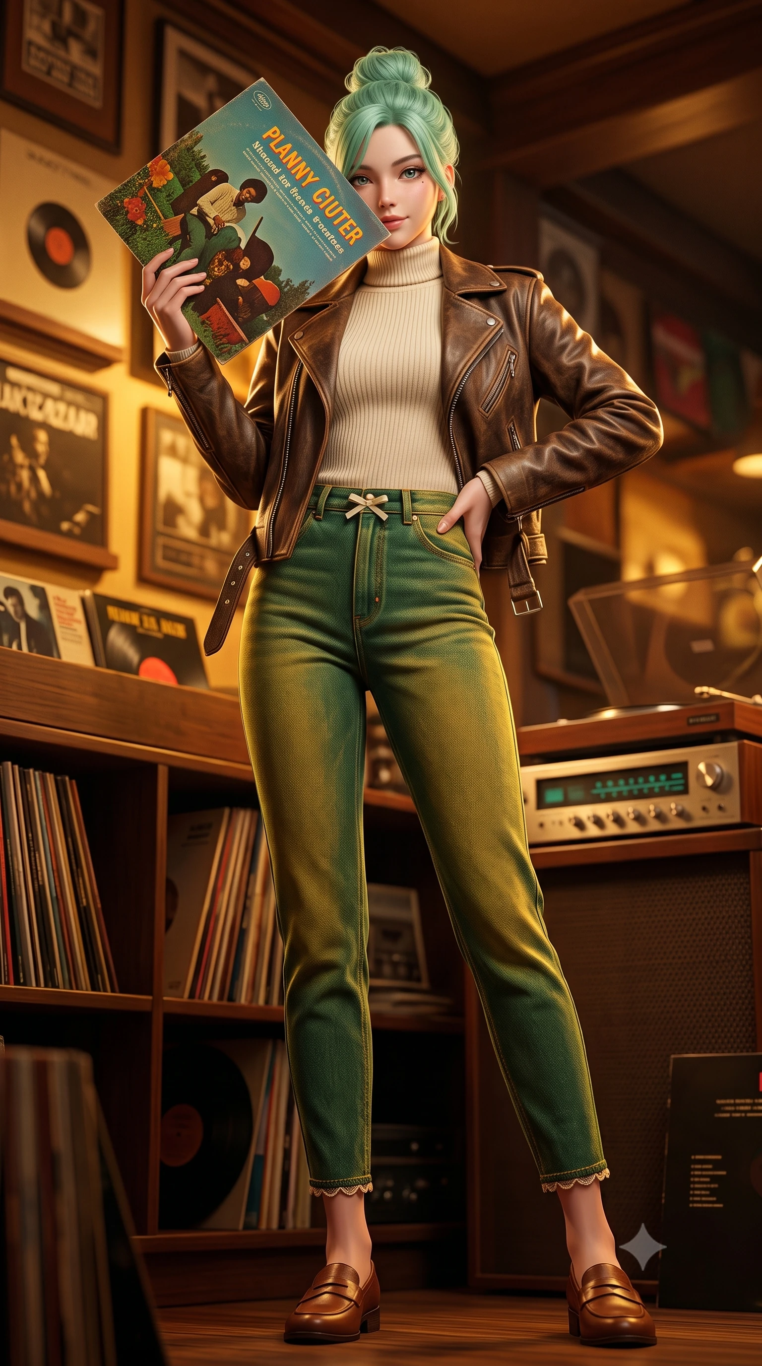 score_9, masterpiece, best quality, ultra-detailed, high-budget anime keyframe, semi-realistic 3D game render, editorial fashion photography, tasteful artistic composition, Japanese woman. low angle full-body shot from head to toe showing her feet, filling the entire 9:16 vertical frame with her statuesque presence, stretching her vertical silhouette. standing poised with one hip cocked in an alluring high-fashion pose, her tall 8.5-heads proportions dominating the scene while holding a vintage LP album cover near her face, peeking over the edge with playful, sparkling eyes into the lens. The surrounding environment is rendered in vivid detail and crisp panoramic clarity. warm vintage analog chiaroscuro and sophisticated jazz sanctuary aesthetics rendered with precision. She has an absolutely perfect, statuesque 8.5-heads proportion, an exceptionally tall and slender model-like female figure with impossibly long slender legs, a toned flat midriff, and an ultra-slim waist. sharp v-shaped jawline, high-bridge nose, intricate jewel-like eyes with depth, thick eyelashes, glossy lips with a natural sheen, captivating and magnetic expression, flawlessly proportioned anatomical accuracy, strict slender model proportions, natural body alignment, perfectly sculpted long slender limbs, ultra-slim waistline, clean dynamic posture without body distortion. wearing an iconic oversized vintage brown leather biker jacket worn over a snug ribbed turtleneck and high-rise mom jeans in forest green, cream, and mustard yellow, crafted from ultra-soft brushed fleece and vintage-washed jersey, finished with a dainty waist ribbon bow and scalloped hemline trims, the glove-like aerodynamic second-skin fit tightly clinging to her ultra-slender waist and athletic curves without adding bulk, accentuating her razor-sharp statuesque lines and slim hourglass silhouette. surrounded by a classy, soulful, and deeply romantic retro audiophile sweetheart aura. highly saturated vibrant anime colors, detailed shading with soft gradients, rich glossy textures, high-contrast stereoscopic depth, volumetric dynamic lighting, master piece, 9:16 ratio