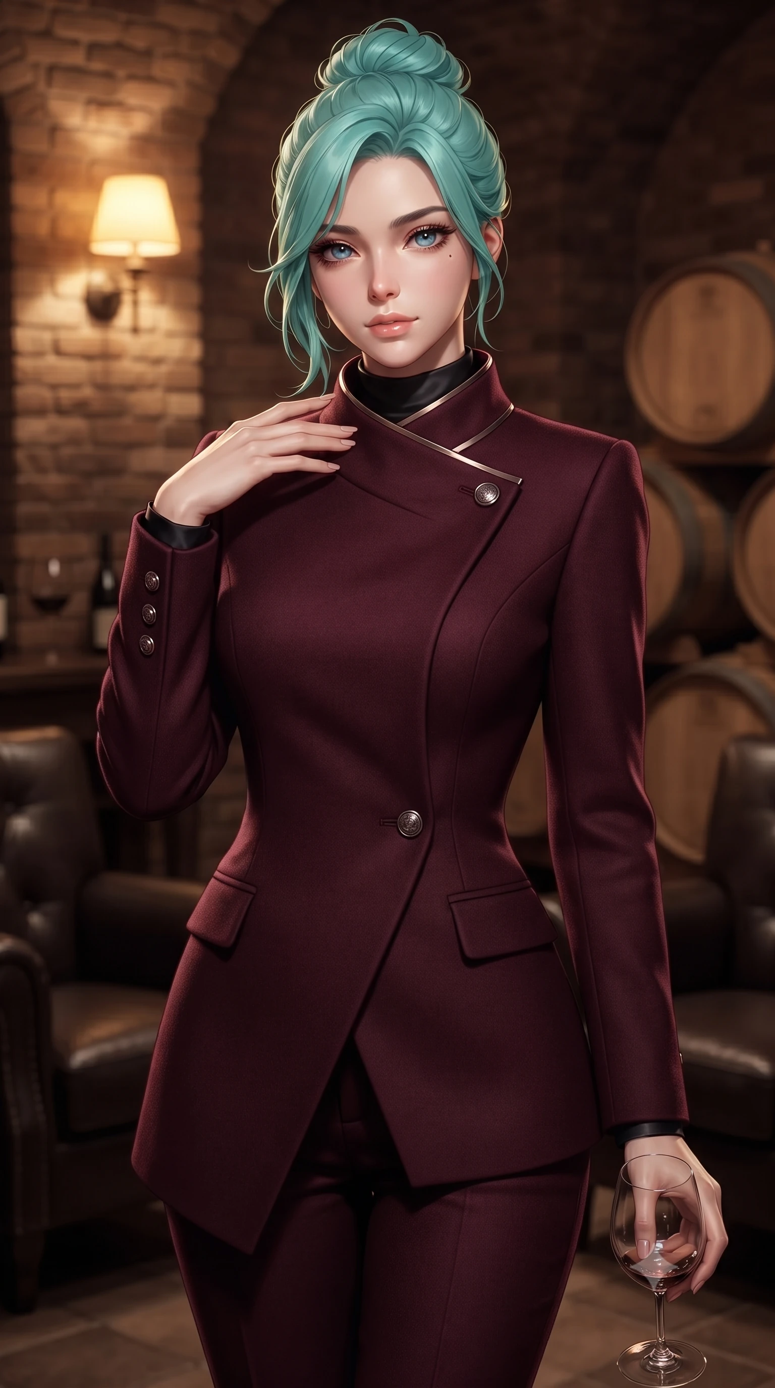 score_9, masterpiece, best quality, ultra-detailed, high-budget anime keyframe, editorial fashion photography, tasteful artistic composition, Japanese woman. close-up cowboy shot from the waist and thighs up, the character dominates the composition, filling the frame with her large presence, background elements kept in soft focus. standing with one hand resting on her collarbone, looking at the viewer with bedroom-eyes the background shows a soft-focus a private wine tasting parlor with brick walls, oak barrels, and leather armchairs. She has an exceptionally elegant, slender, and willowy female figure with an ultra-slim waist, a gracefully sculpted slender torso, and a refined silhouette. sharp v-shaped jawline, high-bridge nose, intricate jewel-like eyes with depth, thick eyelashes, glossy lips with a natural sheen. wearing a slim-fit tailored asymmetric jacket in deep burgundy wool with a high wrap collar, over a black silk mock-neck blouse. warm yellow lamplight casting cozy, soft shadows on the brick arches. ultra-reflective glossy finish, specular highlights, metallic sheen, high-contrast stereoscopic depth, volumetric dynamic lighting, 2k, ultra detail, master piece, 9:16 ratio