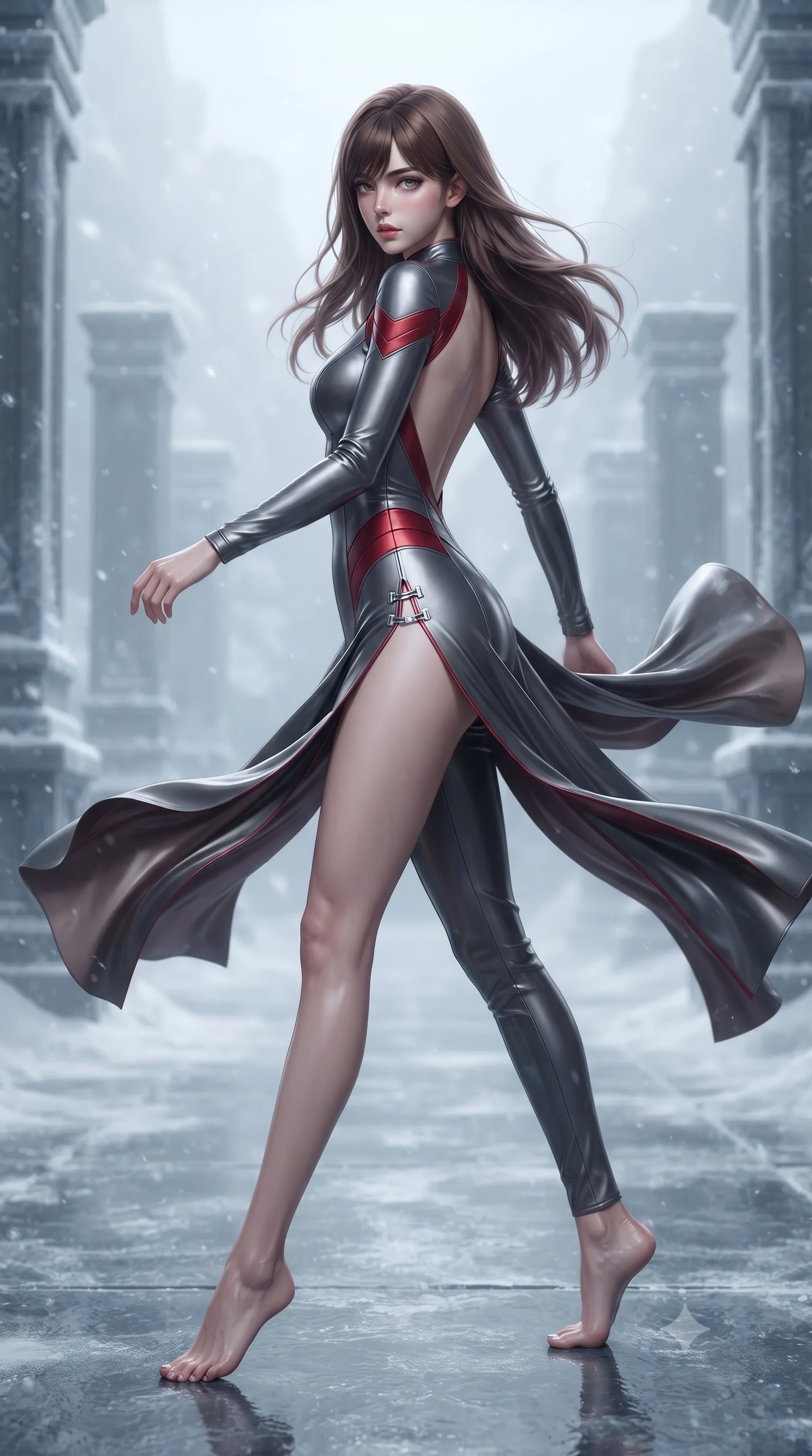 score_9, masterpiece, best quality, ultra-detailed, high-budget anime keyframe, editorial fashion photography, tasteful artistic composition, Korean woman. low angle full-body shot from head to toe showing her feet, filling the entire 9:16 vertical frame with her statuesque presence, stretching her vertical silhouette. executing an elegant mid-motion pivot turn as garments swirl around her slender limbs, glancing over her shoulder with an intoxicating bedroom-gaze while striding across the reflective frozen stone temple floor, hips swaying in an alluring rhythm as gale-force winds whip her silk drapery. The composition keeps background elements in soft focus with creamy bokeh. frosted titanium temple pylons and swirling snow haze softened in dramatic cinematic depth. She has an absolutely perfect, statuesque 8.5-heads proportion, an exceptionally tall and slender model-like female figure with impossibly long slender legs, a toned flat midriff, an ultra-slim waist, and beautifully sculpted feminine hips. sharp v-shaped jawline, high-bridge nose, intricate jewel-like eyes with depth, thick eyelashes, glossy parted lips with a natural sheen, intensely captivating and seductive bedroom-eyes expression, flawlessly proportioned anatomical accuracy, strict slender model proportions, natural body alignment, perfectly sculpted long slender limbs, ultra-slim waistline, clean dynamic posture without body distortion. wearing an undercover operative tailored backless evening catsuit with concealed gadget pockets in titanium gunmetal and blood-crimson accents, tailored from second-skin aerodynamic stretch vinyl with specular sheen, accented with an ultra-high side slit secured by miniature chrome clasps, the form-contouring material adhering flawlessly to her sculpted flat midriff and slender torso, emphasizing her long leg lines and perfectly proportioned willowy build. surrounded by an indomitable, lethal, and breathtakingly majestic cyber-valkyrie goddess aura. ultra-reflective glossy finish, specular highlights, rich textural contrasts, high-contrast stereoscopic depth, volumetric dynamic lighting, 2k, ultra detail, master piece, 9:16 ratio