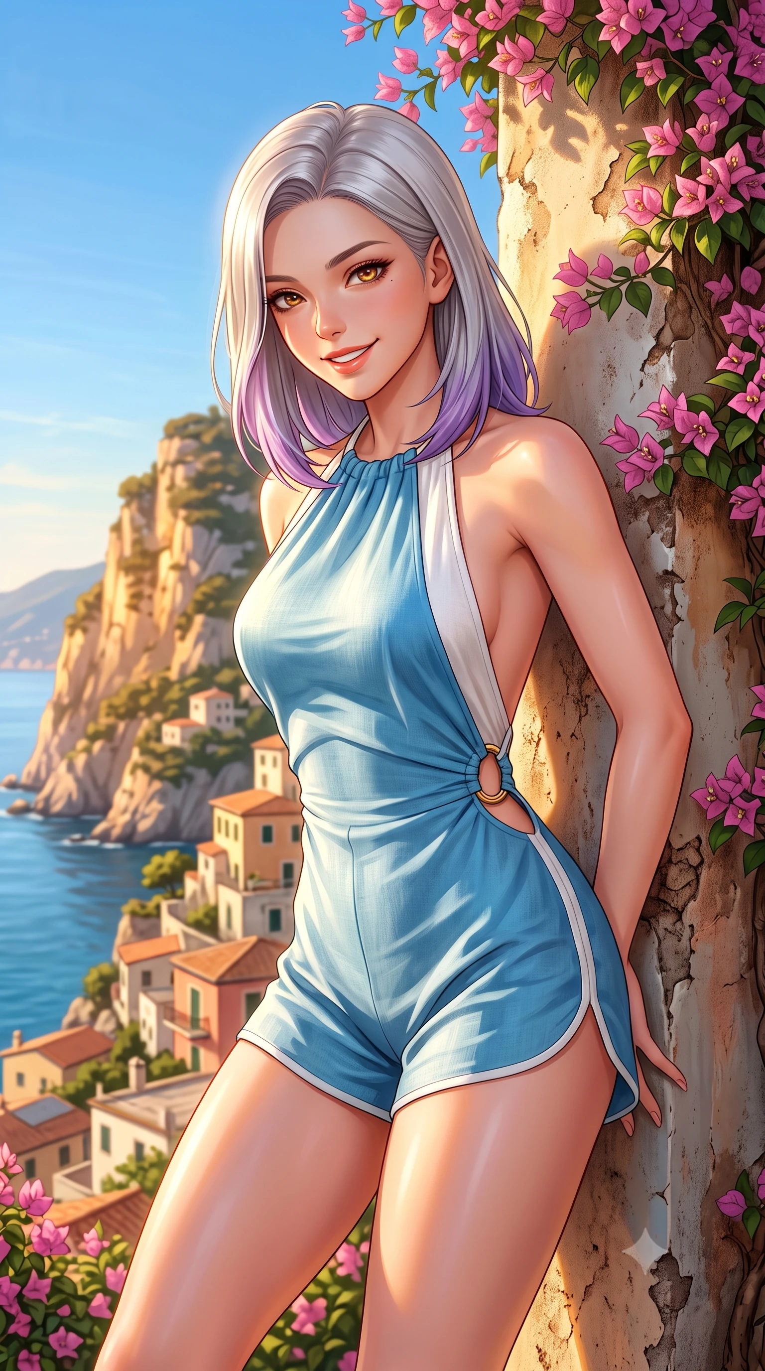 score_9, masterpiece, best quality, ultra-detailed, high-budget anime keyframe, semi-realistic 3D game render, editorial fashion photography, tasteful artistic composition, Caucasian woman. close-up cowboy shot from the waist and thighs up, the character dominates the composition, filling the frame with her large presence. resting both hands lightly behind her back while leaning toward the lens with a cheerful, teasing grin, her form-fitting outfit hugging her narrow waist and feminine hip curve while leaning against a rustic stucco pillar draped in pink bougainvillea with hips cocked back, casting an alluring bedroom-gaze toward the lens. The surrounding environment is rendered in vivid detail and crisp panoramic clarity. detailed dress texture, glowing sun-kissed skin highlights, and Italian cliffside village clarity in high resolution. She has an exceptionally elegant, slender, and willowy female figure with an ultra-slim waist, flat toned midriff, narrow ribcage, and sculpted feminine hips creating an alluring, slim hourglass silhouette without bulk. sharp v-shaped jawline, high-bridge nose, sparkling amber-hazel eyes with depth, long lush eyelashes, glossy sun-kissed lips with a warm coral glaze, radiant teasing smile with sensual sunlit bedroom-eyes, exuding effortless old-money elegance and intoxicating sun-drenched allure, flawlessly proportioned anatomical accuracy, strict slender model proportions, natural body alignment, perfectly sculpted long slender limbs, ultra-slim waistline, clean dynamic posture without body distortion. wearing a modern tailored silk halter romper with high-cut leg openings and an open back in Capri sea-spray blue and crisp linen white, crafted from fine lightweight breathable linen with an effortless natural drape, accented with sculptural gold ring hardware framing the subtle side cutouts, the form-contouring cut accentuating her sculpted flat midriff, narrow delicate ribcage, and gracefully curvy hips with sun-drenched supermodel elegance. bathed in luminous golden hour sunlight reflecting off the vertical cliff walls. highly saturated vibrant anime colors, detailed shading with soft gradients, rich glossy textures, high-contrast stereoscopic depth, volumetric dynamic lighting, master piece, 9:16 ratio