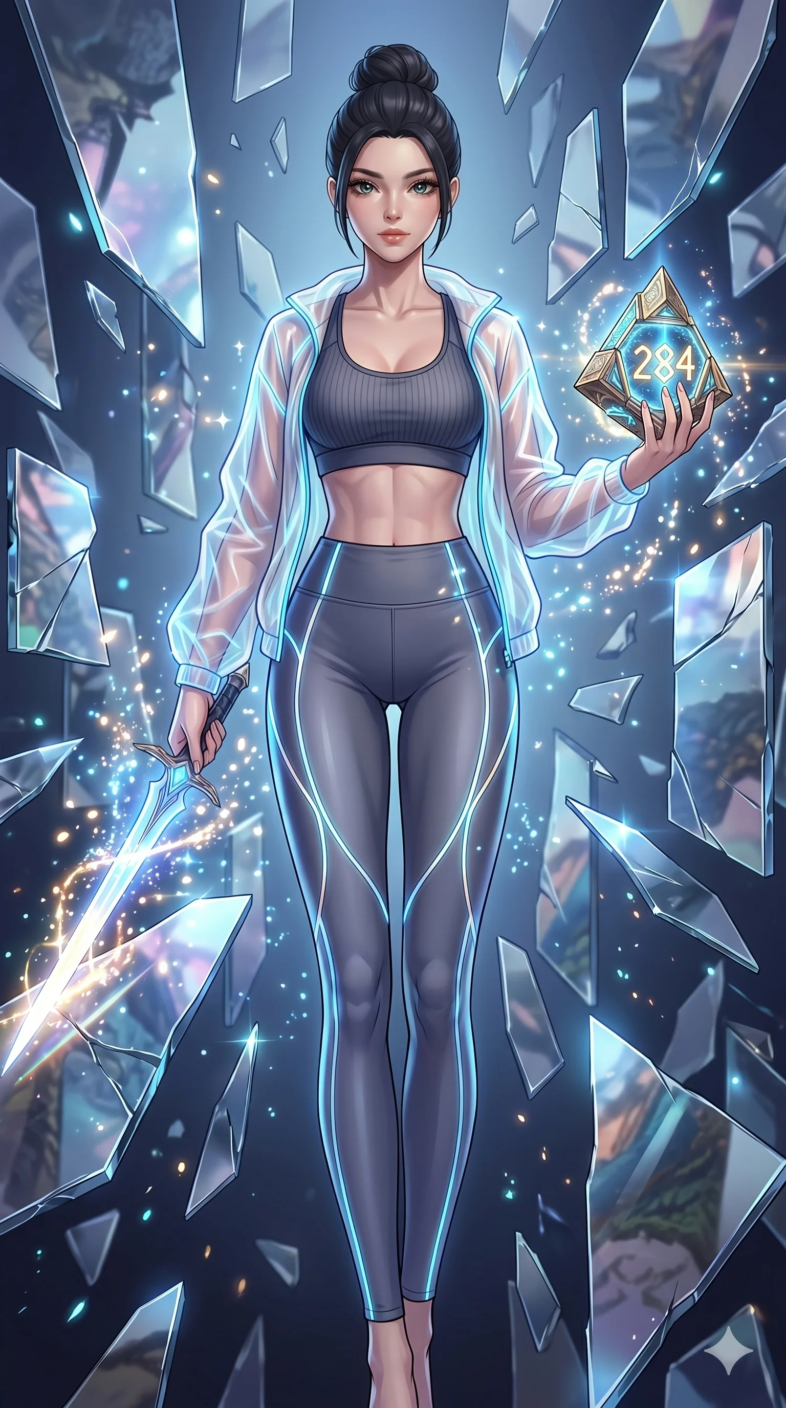 score_9, masterpiece, best quality, ultra-detailed, Set A: High-budget Anime Keyframe, Caucasian (strictly human ears) woman. Low angle cowboy shot filling the entire 9:16 frame with her statuesque presence. Drawing a blade through a dimension of floating mirrors, holding a relic that pulses with the frequency 284 and surrounded by glowing energy sparks. She has an absolutely perfect 8-heads proportion, an exceptionally tall and slender female figure with impossibly long slender legs and an ultra-slim waist. Sharp v-shaped jawline, high-bridge nose, intricate jewel-like eyes with depth, thick eyelashes, glossy lips with a natural sheen. Wearing Athleisure set with a ribbed sports bra, sheer windbreaker, and glowing energy seams. Cinematic lighting, vibrant colors, dramatic shadows, 2k, ultra detail, master piece, 9:16 ratio