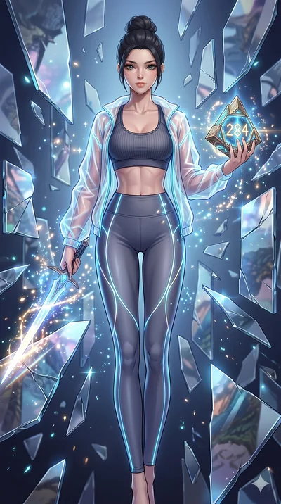 score_9, masterpiece, best quality, ultra-detailed, Set A: High-budget Anime Keyframe, Caucasian (strictly human ears) woman. Low angle cowboy shot filling the entire 9:16 frame with her statuesque presence. Drawing a blade through a dimension of flo