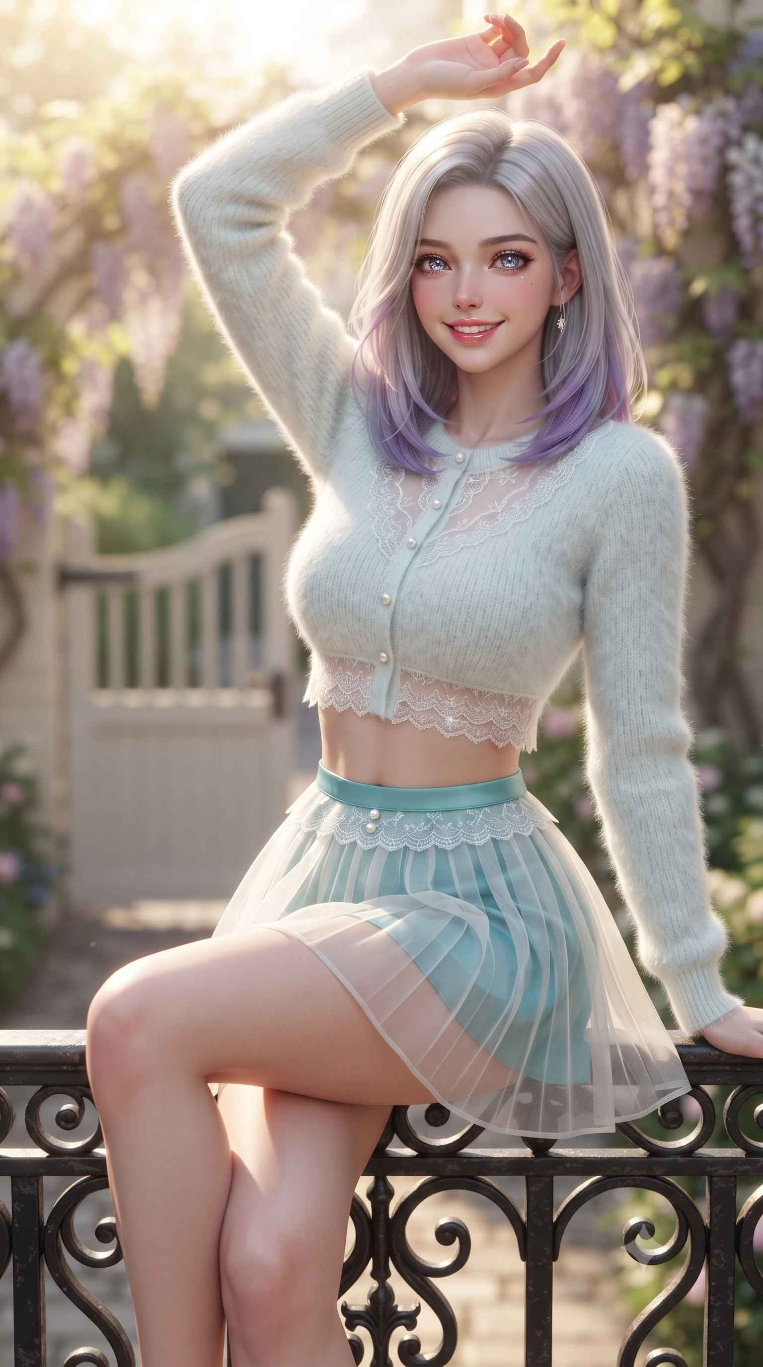 score_9, masterpiece, best quality, ultra-detailed, high-budget anime keyframe, editorial fashion photography, tasteful artistic composition, Caucasian woman. close-up cowboy shot from the waist and thighs up, the character dominates the composition, filling the frame with her large presence. playfully stretching one arm overhead toward the sun, her radiant smile capturing fresh girlhood charm while her arched torso reveals an intoxicating hip contour while sitting on the black wrought-iron railing with legs crossed, her long slender legs and narrow waist highlighted in the soft British spring light. The composition keeps background elements in soft focus with dreamy creamy bokeh. quaint garden gates and blooming wisteria vines softened in romantic London shallow focus. She has an exceptionally elegant, slender, and willowy female figure with an ultra-slim waist, flat toned midriff, narrow ribcage, and sculpted feminine hips creating an alluring, slim hourglass silhouette without bulk. sharp v-shaped jawline, high-bridge nose, intricate jewel-like sparkling eyes with depth, thick eyelashes, glossy parted lips with a natural peach sheen, bright cheerful beaming smile with an enchanting and coquettish sensual glint, exuding both youthful cute charm and seductive allure, flawlessly proportioned anatomical accuracy, strict slender model proportions, natural body alignment, perfectly sculpted long slender limbs, ultra-slim waistline, clean dynamic posture without body distortion. wearing a soft angora crop knit sweater with a sheer pleated organza mini skirt over an opaque silk slip in ocean turquoise and sea-salt white, made of sheer contouring stretch lace with delicate floral patterns, finished with subtle ruffle trims and delicate pearl buttons, the precision-cut side openings and low-back scoop framing her graceful spine and the sensual sweep of her slim, toned hips. bathed in gentle, luminous British spring sunshine and clean street ambient fill. ultra-reflective glossy finish, specular highlights, rich textural contrasts, high-contrast stereoscopic depth, volumetric dynamic lighting, 2k, ultra detail, master piece, 9:16 ratio