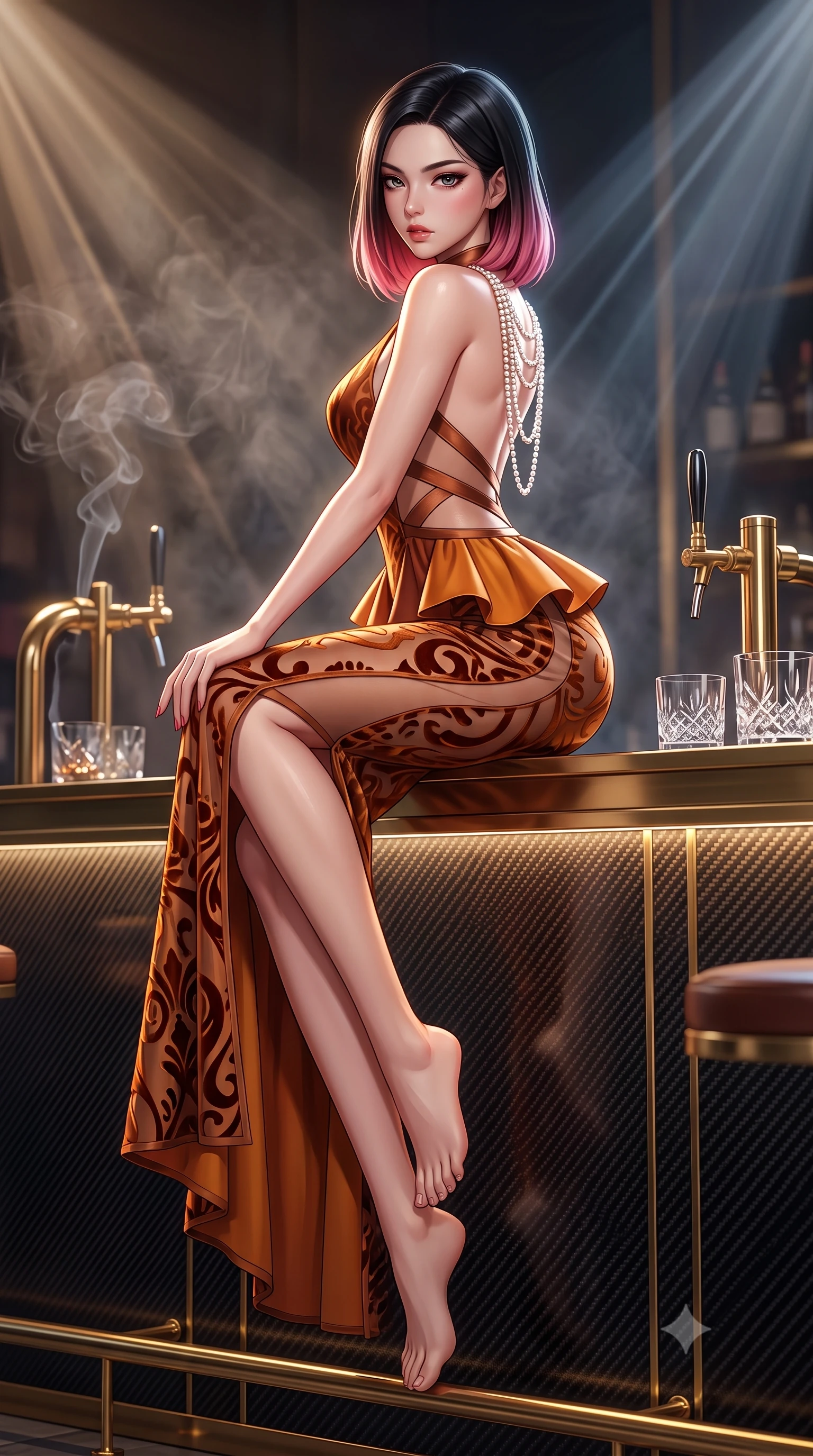 score_9, masterpiece, best quality, ultra-detailed, high-budget anime keyframe, semi-realistic 3D game render, editorial fashion photography, tasteful artistic composition, Korean woman. low angle full-body shot from head to toe showing her feet, filling the entire 9:16 vertical frame with her statuesque presence, stretching her vertical silhouette. sitting perched on the elevated edge with hips angled toward the camera and legs crossed, displaying her toned midriff and flawlessly sculpted slender limbs while standing poised beside the brass holo-projector, twisting her upper body in an alluring S-curve as laser beams filter through cigar smoke. The surrounding environment is rendered in vivid detail and crisp panoramic clarity. sharp carbon-fiber bar counter reflections, crystal glass facets, and brass hardware in deep focus. She has an exceptionally tall and slender model-like 8.5-heads proportion, an ultra-slim waist, a flat toned midriff, narrow delicate ribcage, and beautifully sculpted feminine hips creating a graceful, slim hourglass silhouette without any bulky heaviness, with impossibly long slender legs. sharp v-shaped jawline, high-bridge nose, intricate jewel-like eyes with depth, thick eyelashes, glossy parted lips with a natural sheen, intensely captivating and seductive bedroom-eyes expression, flawlessly proportioned anatomical accuracy, strict slender model proportions, natural body alignment, perfectly sculpted long slender limbs, ultra-slim waistline, clean dynamic posture without body distortion. wearing a structural geometric peplum gown with sheer side-ribbon cutouts and form-fitting skirt in rich copper bronze and warm amber, made of sheer contouring power-mesh with velvet flocking patterns, accented with a multi-strand pearl back necklace cascading down her bare spine to her hips, the second-skin form-contouring cut accentuating her sculpted flat midriff, narrow delicate ribcage, and gracefully curvy hips with supermodel precision. illuminated by crisp directional edge lights defining her sculpted clavicle, flat midriff, and rounded hips. highly saturated vibrant anime colors, detailed shading with soft gradients, rich glossy textures, high-contrast stereoscopic depth, volumetric dynamic lighting, master piece, 9:16 ratio