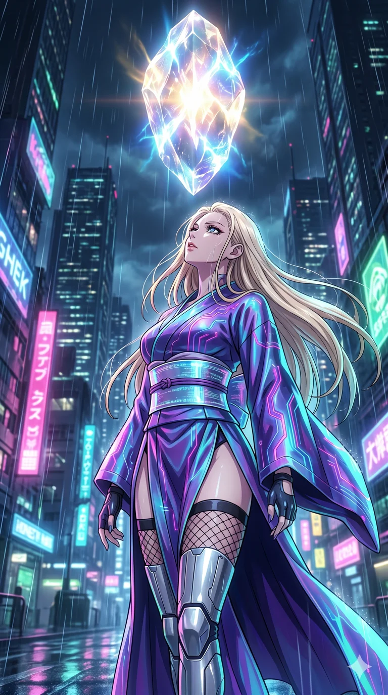 score_9, masterpiece, best quality, ultra-detailed, High-budget Anime Keyframe, vibrant colors, fluid line-art, expressive lighting, cinematic composition, Ufotable-style visual effects, top-tier animation quality, Caucasian woman with pale skin, blonde hair, and (strictly human ears). Cinematic low angle perspective showcasing her towering height and perfect 8-heads proportion. Communicating with ancient celestial beings via a massive glowing crystal core that pulses with divine energy. She has an absolutely perfect 8-heads proportion, an exceptionally tall and slender female figure with impossibly long slender legs and an ultra-slim waist, her statuesque height and towering silhouette dominating the vertical 9:16 frame. Her face is a masterpiece featuring a sharp v-shaped jawline, high-bridge nose, intricate jewel-like eyes with depth, thick eyelashes, and glossy lips with a natural sheen. She is wearing a High-slit tech-kimono with holographic obi and integrated neon-lit circuitry patterns crafted from Iridescent vinyl with a futuristic sheen that shifts between violet and cyan, accompanied by sensual fishnet stockings and thigh-high metallic boots. The scene is set in a sprawling cyberpunk metropolis in heavy rain with vibrant neon glows reflecting on every surface, illuminated by cinematic lighting with dramatic rim light that highlights her slender silhouette. 2k, ultra detail, master piece, 9:16 ratio