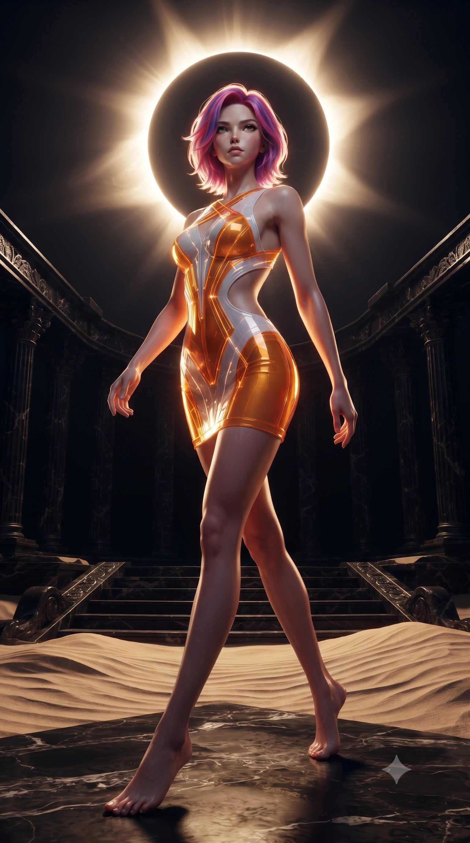 score_9, masterpiece, best quality, ultra-detailed, high-budget anime keyframe, editorial fashion photography, tasteful artistic composition, Caucasian woman. low angle full-body shot from head to toe showing her feet, filling the entire 9:16 vertical frame with her statuesque presence, stretching her vertical silhouette. striding forward in a proud, statuesque motion with a dangerous smolder, her vertical silhouette dominating the frame from head to toe while pivoting dynamically on a polished obsidian plaza as the glowing solar corona casts dramatic golden rim light across her torso. The surrounding environment is rendered in vivid detail and crisp panoramic clarity. intricate black marble altar carvings, wind-swept sand ripples, and razor-sharp eclipse ring in high clarity. She has an absolutely perfect, statuesque 8.5-heads proportion, an exceptionally tall and slender model-like female figure with impossibly long slender legs, a toned flat midriff, and an ultra-slim waist. sharp v-shaped jawline, high-bridge nose, intricate jewel-like eyes with depth, thick eyelashes, glossy lips with a natural sheen, flawlessly proportioned anatomical accuracy, strict slender model proportions, natural body alignment, perfectly sculpted long slender limbs, ultra-slim waistline, clean dynamic posture without body distortion. wearing a second-skin fashion-latex mini dress with a clean architectural front, featuring an open-back design that wraps around the sides of her waist, showcasing her slender silhouette in vivid sunset amber orange and cloud white, tailored from semi-translucent cybernetic vinyl with glowing micro-filaments, complemented by criss-cross back straps highlighting her completely bare spine, the sleek second-skin cut tightly hugging her graceful clavicle, narrow waist, and feminine curves with athletic precision. bathed in blazing golden-white solar corona backlighting with deep obsidian shadow contrast. ultra-reflective glossy finish, specular highlights, metallic sheen, high-contrast stereoscopic depth, volumetric dynamic lighting, 2k, ultra detail, master piece, 9:16 ratio