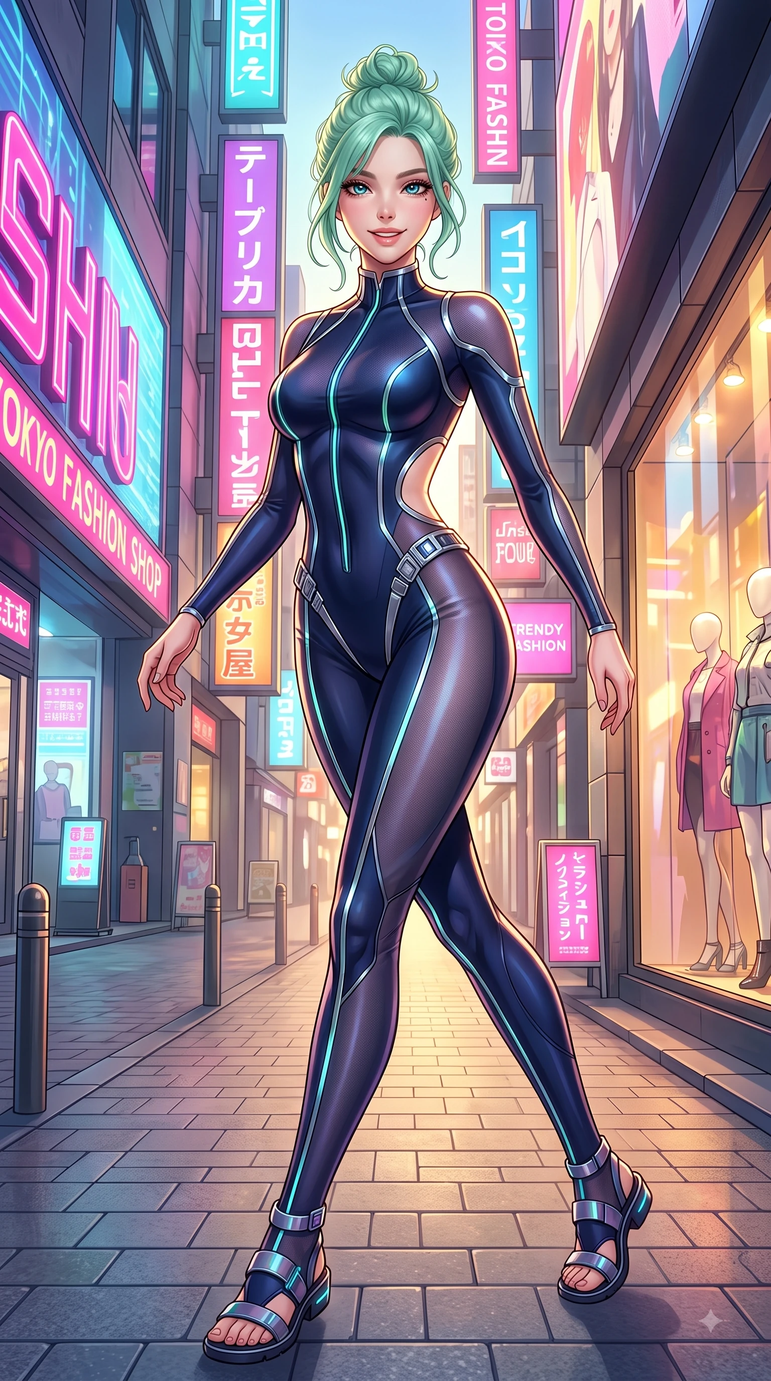 score_9, masterpiece, best quality, ultra-detailed, high-budget anime keyframe, editorial fashion photography, tasteful artistic composition, Japanese woman. low angle full-body shot from head to toe showing her feet, filling the entire 9:16 vertical frame with her statuesque presence, stretching her vertical silhouette. pivoting dynamically in mid-motion with a delighted cute expression, displaying her perfect model proportions while pivoting in a stylish stride under neon shop signs as urban sunbeams illuminate her cute smile, trendy fashion window displays reflecting golden afternoon sunlight vividly. She has an absolutely perfect, statuesque 8.5-heads proportion, an exceptionally tall and slender model-like female figure with impossibly long slender legs and an ultra-slim waist. sharp v-shaped jawline, high-bridge nose, intricate jewel-like eyes with depth, thick eyelashes, glossy lips with a natural sheen, flawlessly proportioned anatomical accuracy, natural body alignment, perfectly sculpted elegant limbs, clean dynamic posture without body distortion. wearing a skin-tight cybernetic bodysuit with glowing neon seams and side cutouts in midnight navy blue and chrome trim, woven from fine semi-opaque sheer organza, detailed with polished silver buckles along the waistline, the glove-like fit emphasizing her statuesque silhouette during motion. illuminated by vibrant neon shop signs and crisp clear afternoon key light. highly saturated vibrant anime colors, detailed shading with soft gradients, rich glossy textures, high-contrast stereoscopic depth, volumetric dynamic lighting, master piece, 9:16 ratio