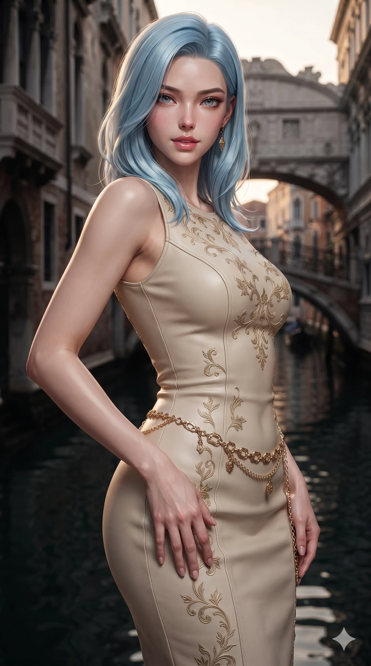 score_9, masterpiece, best quality, ultra-detailed, high-budget anime keyframe, editorial fashion photography, tasteful artistic composition, Korean woman. close-up cowboy shot from the waist and thighs up, the character dominates the composition, filling the frame with her large presence. tilting her head with a teasing half-smile, running one hand slowly down the side of her hip in a flirtatious S-curve as ambient light caresses her silhouette while twisting her slender torso in an alluring S-curve, golden dawn light and deep canal shadows painting sharp highlights across her narrow waist and curvy hips. The surrounding environment is rendered in vivid detail and crisp panoramic clarity: detailed liquid-satin evening dress tailoring, delicate chain belts, and historic maritime architecture in high resolution. She has an exceptionally elegant, slender, and willowy female figure with an ultra-slim waist, flat toned midriff, narrow ribcage, and sculpted feminine hips creating an alluring, slim hourglass silhouette without bulk. sharp v-shaped jawline, high-bridge nose, intricate jewel-like sparkling eyes with depth, thick eyelashes, glossy parted lips with a natural sheen, intensely captivating and seductive bedroom-eyes expression, exuding both youthful cute charm and sovereign luxury allure, flawlessly proportioned anatomical accuracy, strict slender model proportions, natural body alignment, perfectly sculpted long slender limbs, ultra-slim waistline, clean dynamic posture without body distortion. wearing a glove-like stretch lambskin leather sheath dress accentuating her ultra-slim waistline without bulk in Istrian stone cream and antique gold-leaf, crafted from bespoke double-faced cashmere with an exceptionally soft tactile finish, accented with a delicate gold chain belt resting loosely on her curvy hips, the bespoke structured tailoring following the natural line of her 8.5-heads silhouette with refined elegance. illuminated by water surface bounce and sharp champagne-gold rim lights defining her razor-sharp jawline, narrow waist, and curvy hips. ultra-reflective glossy finish, specular highlights, rich textural contrasts, high-contrast stereoscopic depth, volumetric dynamic lighting, 2k, ultra detail, master piece, 9:16 ratio