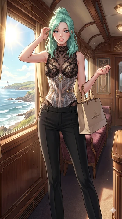 score_9, masterpiece, best quality, ultra-detailed, high-budget anime keyframe, vibrant anime aesthetic, Japanese woman. cowboy shot from the thighs up, character and outfit filling the frame for maximum presence. She is holding a boutique bag, smili