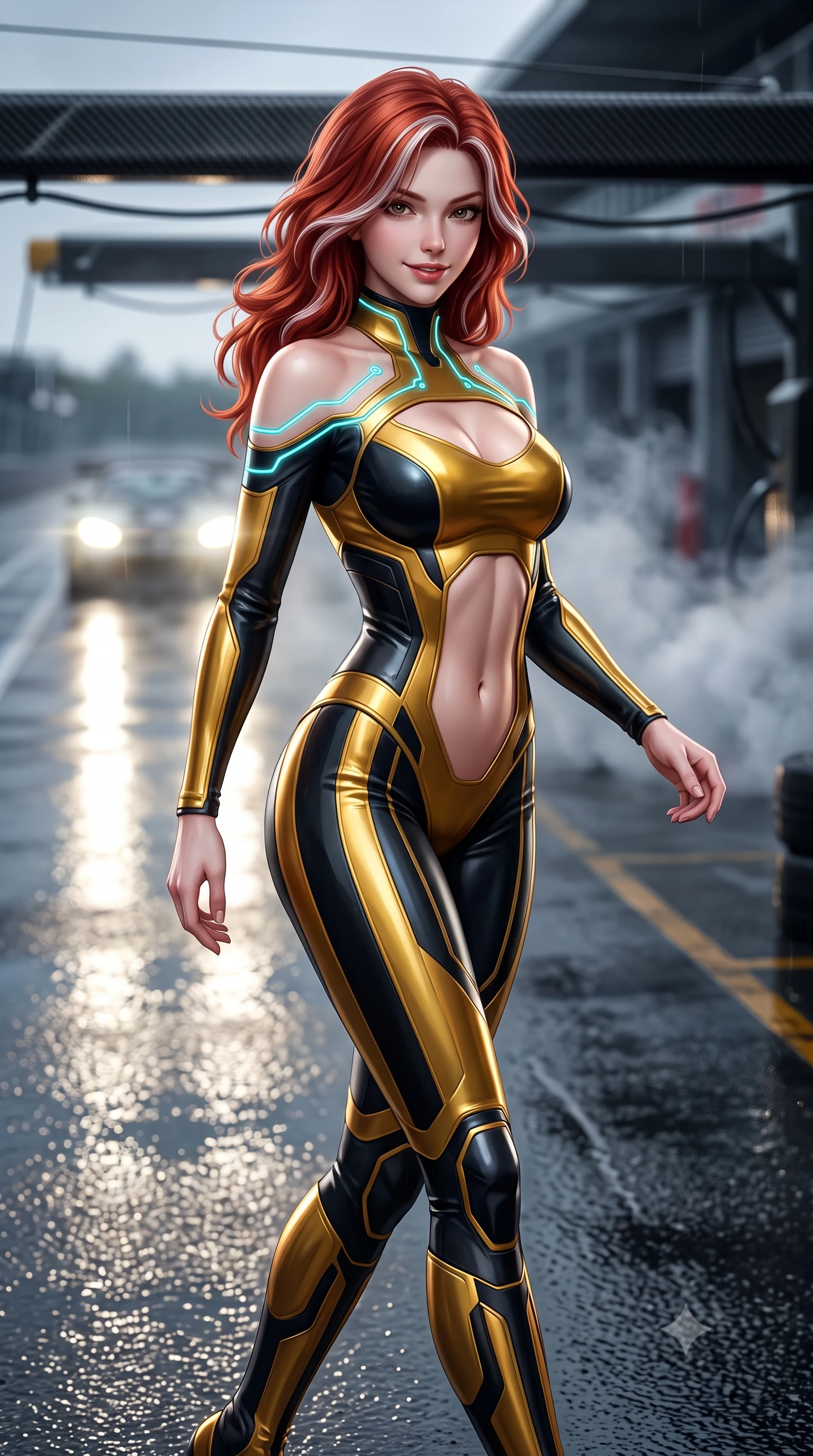 score_9, masterpiece, best quality, ultra-detailed, high-budget anime keyframe, semi-realistic 3D game render, editorial fashion photography, tasteful artistic composition, Caucasian woman. close-up cowboy shot from the waist and thighs up, the character dominates the composition, filling the frame with her large presence. turning over a bare shoulder with an intoxicating, teasing smile, her soft hair framing her sharp jawline as she looks back while striding dynamically along the wet pitlane pavement as incoming headlights cast long, cinematic specular reflections. The composition keeps background elements in soft focus with creamy bokeh. drifting tire smoke sheets and carbon-fiber garage gantries softened in moody shallow focus. She has an exceptionally elegant, slender, and willowy female figure with an ultra-slim waist, a gracefully sculpted slender torso, toned flat midriff, and a refined slim silhouette. sharp v-shaped jawline, high-bridge nose, intricate jewel-like eyes with depth, thick eyelashes, glossy parted lips with a natural sheen, intensely captivating and seductive expression, flawlessly proportioned anatomical accuracy, strict slender model proportions, natural body alignment, perfectly sculpted long slender limbs, ultra-slim waistline, clean dynamic posture without body distortion. wearing a second-skin motocore bodysuit with bold racing stripes and ergonomic aerodynamic knee-high boots in metallic liquid gold and obsidian black, made of breathable technical athletic mesh and liquid-finish track nylon, finished with glowing cyan circuit lines tracing her collarbones and shoulders, the precision-cut daring openings accentuating her delicate midriff, graceful bare collarbones, and ultra-slim feminine waistline. illuminated by wet specular asphalt bounce lights sculpting her toned midriff, slender waist, and long legs. highly saturated vibrant anime colors, detailed shading with soft gradients, rich glossy textures, high-contrast stereoscopic depth, volumetric dynamic lighting, master piece, 9:16 ratio