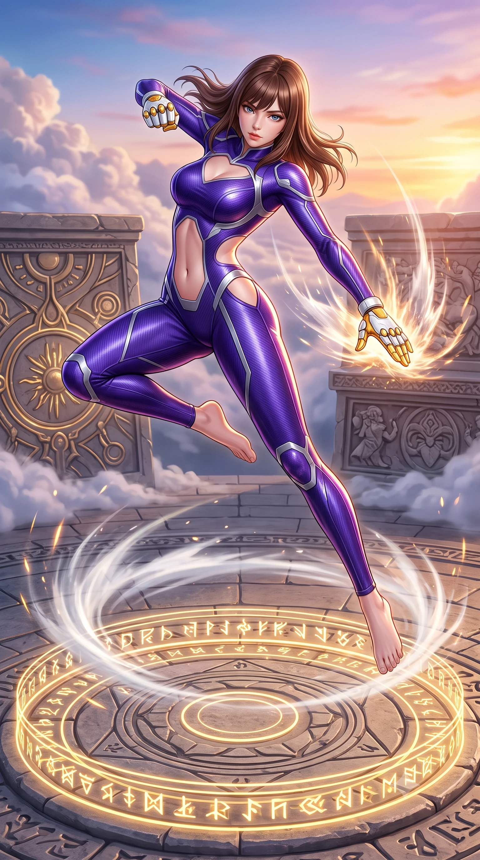 score_9, masterpiece, best quality, ultra-detailed, high-budget anime keyframe, semi-realistic 3D game render, editorial fashion photography, tasteful artistic composition, Korean woman. low angle full-body shot from head to toe showing her feet, filling the entire 9:16 vertical frame with her statuesque presence, stretching her vertical silhouette. leaping into mid-air with an athletic yet alluring arch of her spine, driving a downward kinetic strike surrounded by a ring of displaced air while pivoting dynamically on a circular stone glyph platform as she unleashes a high-frequency vibration palm strike into the open air. The surrounding environment is rendered in vivid detail and crisp panoramic clarity. intricate kinetic palm plate engravings, stone altar reliefs, and cloud vapor crests in high resolution. She has an absolutely perfect, statuesque 8.5-heads proportion, an exceptionally tall and slender model-like female figure with impossibly long slender legs, a toned flat midriff, and an ultra-slim waist. sharp v-shaped jawline, high-bridge nose, intricate jewel-like eyes with depth, thick eyelashes, glossy lips with a natural sheen, flawlessly proportioned anatomical accuracy, strict slender model proportions, natural body alignment, perfectly sculpted long slender limbs, ultra-slim waistline, clean dynamic posture without body distortion. wearing a precision-fitted royal purple carbon-fiber martial arts suit with silver accents and glowing micro-circuit knuckle plating in arctic white carbon composite with radiant solar gold plating, crafted from ultra-strong woven carbon-fiber composite with a satin luster, detailed with magnetic knuckle shock-absorbers and polished chrome articulation joints, the precision-cut daring openings accentuating her delicate midriff, graceful bare collarbones, and ultra-slim feminine waistline. bathed in radiant golden holographic rune uplights and warm sunset horizon fill light. rich saturated anime colors with glowing neon highlights, detailed shading with soft gradients, rich glossy textures, high-contrast stereoscopic depth, volumetric dynamic lighting, master piece, 9:16 ratio
