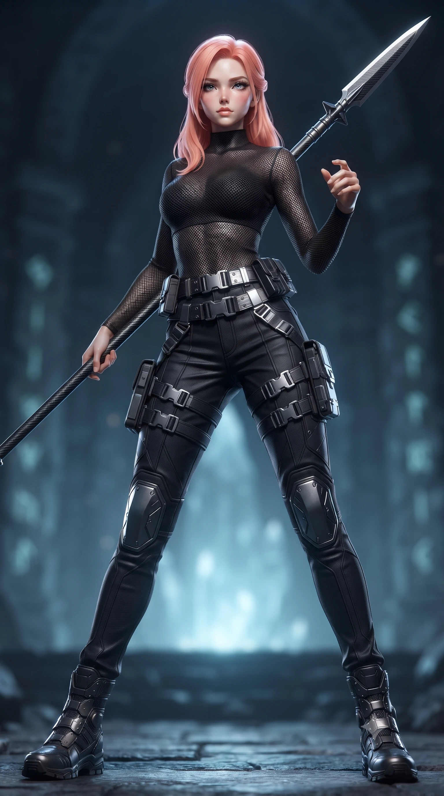 score_9, masterpiece, best quality, ultra-detailed, high-budget anime keyframe, editorial fashion photography, tasteful artistic composition, Japanese woman. low angle full-body shot from head to toe showing her feet, filling the entire 9:16 vertical frame with her statuesque presence, stretching her vertical silhouette. standing in a dynamic combat stance with a carbon-fiber spear held diagonally, stretching her statuesque body, the background shows a soft-focus a crystal temple altar made of dark obsidian stone and glowing runes. She has an absolutely perfect, statuesque 8.5-heads proportion, an exceptionally tall and slender model-like female figure with impossibly long slender legs and an ultra-slim waist. sharp v-shaped jawline, high-bridge nose, intricate jewel-like eyes with depth, thick eyelashes, glossy lips with a natural sheen. wearing a form-contouring high-neck carbon-mesh tactical shirt tucked into structured combat trousers with metallic utility belts. soft blue light radiating from carved runes, casting an eerie uplight. ultra-reflective glossy finish, specular highlights, metallic sheen, high-contrast stereoscopic depth, volumetric dynamic lighting, 2k, ultra detail, master piece, 9:16 ratio