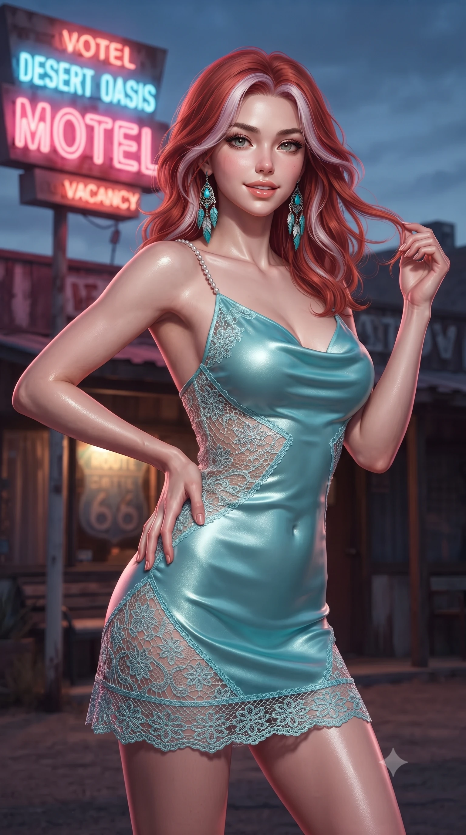 score_9, masterpiece, best quality, ultra-detailed, high-budget anime keyframe, editorial fashion photography, tasteful artistic composition, Caucasian woman. close-up cowboy shot from the waist and thighs up, the character dominates the composition, filling the frame with her large presence. twisting her slender torso in an alluring contrapposto stance, one hand resting on her sculpted hip while her fingers toy with her hair with effortless poise while standing poised beneath the flickering neon motel sign, arching her spine with dangerous seductive cool as evening descends. The surrounding environment is rendered in vivid detail and crisp panoramic clarity: detailed suede crop top texture, silver concho chain gleam, and rustic Route 66 architecture in high resolution. She has an exceptionally elegant, slender, and willowy female figure with an ultra-slim waist, flat toned midriff, narrow ribcage, and sculpted feminine hips creating an alluring, slim hourglass silhouette without bulk. sharp v-shaped jawline, high-bridge nose, sparkling eyes with hypnotic seductive depth, thick curled eyelashes, glossy parted lips with a natural dewy peach sheen, alluring bedroom-eyes with an enchanting coquettish smile, exuding magnetic siren charisma and sophisticated glamour, flawlessly proportioned anatomical accuracy, strict slender model proportions, natural body alignment, perfectly sculpted long slender limbs, ultra-slim waistline, clean dynamic posture without body distortion. wearing a slinky backless cowl-neck silk satin beach slip mini dress with dainty pearl spaghetti straps in shimmering turquoise aqua and pure pearl alabaster, made of delicate semi-sheer crochet lace with intricate openwork floral knit, accented with turquoise and silver bohemian feather earrings swaying near her bare neck, the second-skin tailored fabric adhering flawlessly to her sculpted flat midriff and slender torso, emphasizing her long leg lines and perfectly proportioned willowy build. bathed in the warm glow of flickering neon signage mixed with rich twilight desert sky fill. ultra-reflective glossy finish, specular highlights, rich textural contrasts, high-contrast stereoscopic depth, volumetric dynamic lighting, 2k, ultra detail, master piece, 9:16 ratio