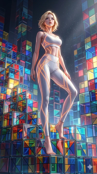 score_9, masterpiece, best quality, ultra-detailed, high-budget anime keyframe, Korean woman. low angle full-body shot filling the entire 9:16 frame with her statuesque presence, stretching the vertical silhouette. balancing on cubist glass blocks th