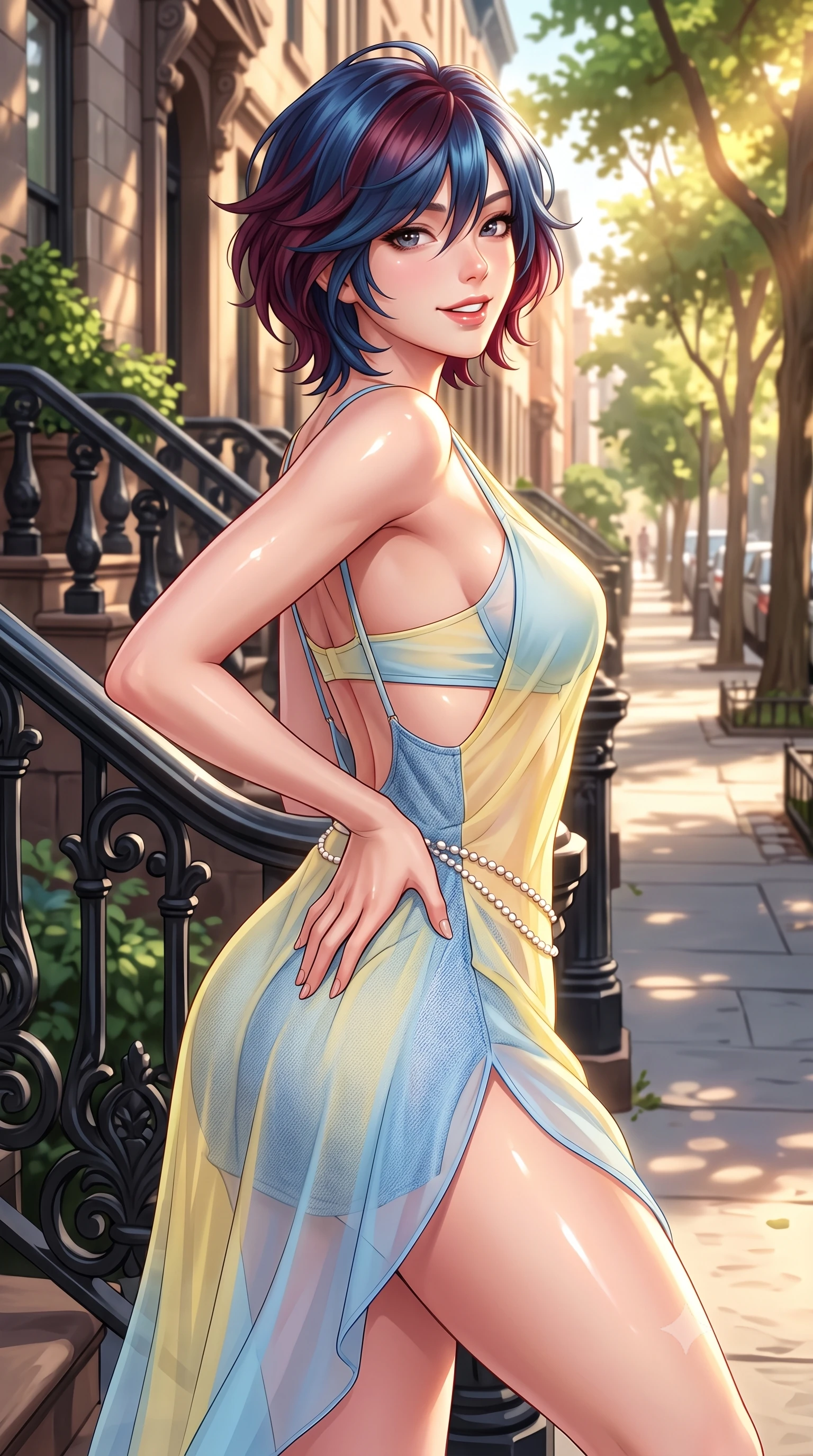 score_9, masterpiece, best quality, ultra-detailed, high-budget anime keyframe, semi-realistic 3D game render, editorial fashion photography, tasteful artistic composition, Korean woman. close-up cowboy shot from the waist and thighs up, the character dominates the composition, filling the frame with her large presence. twisting her slender torso in an alluring contrapposto stance, one hand resting on her sculpted hip while flashing a radiant, playful smile with parted glossy lips while leaning against the ornate black cast-iron handrail with hips cocked back, looking over her shoulder with effortless downtown supermodel charisma. The surrounding environment is rendered in vivid detail and crisp panoramic clarity. detailed denim and knit outfit texture, golden sun specular glints on skin, and Village streetscape clarity in high resolution. She has an exceptionally elegant, slender, and willowy female figure with an ultra-slim waist, flat toned midriff, narrow ribcage, and sculpted feminine hips creating an alluring, slim hourglass silhouette without bulk. sharp v-shaped jawline, high-bridge nose, intricate jewel-like sparkling eyes with depth, thick eyelashes, glossy parted lips with a natural peach sheen, bright cheerful beaming smile with an enchanting and coquettish sensual glint, exuding both youthful cute charm and seductive allure, flawlessly proportioned anatomical accuracy, strict slender model proportions, natural body alignment, perfectly sculpted long slender limbs, ultra-slim waistline, clean dynamic posture without body distortion. wearing a delicate semi-sheer chiffon sun-slip dress layered over a matching pastel bralette, hugging her slender waist and hips in sunny daffodil yellow and clear sky blue, crafted from soft cozy cashmere yarn with an airy drape, accented with a dainty pearl waist chain catching the ambient sunlight, the precision-cut side openings and low-back scoop framing her graceful spine and the sensual sweep of her slim, toned hips. bathed in warm, golden afternoon sunlight streaming down the historic tree-lined street. highly saturated vibrant anime colors, detailed shading with soft gradients, rich glossy textures, high-contrast stereoscopic depth, volumetric dynamic lighting, master piece, 9:16 ratio