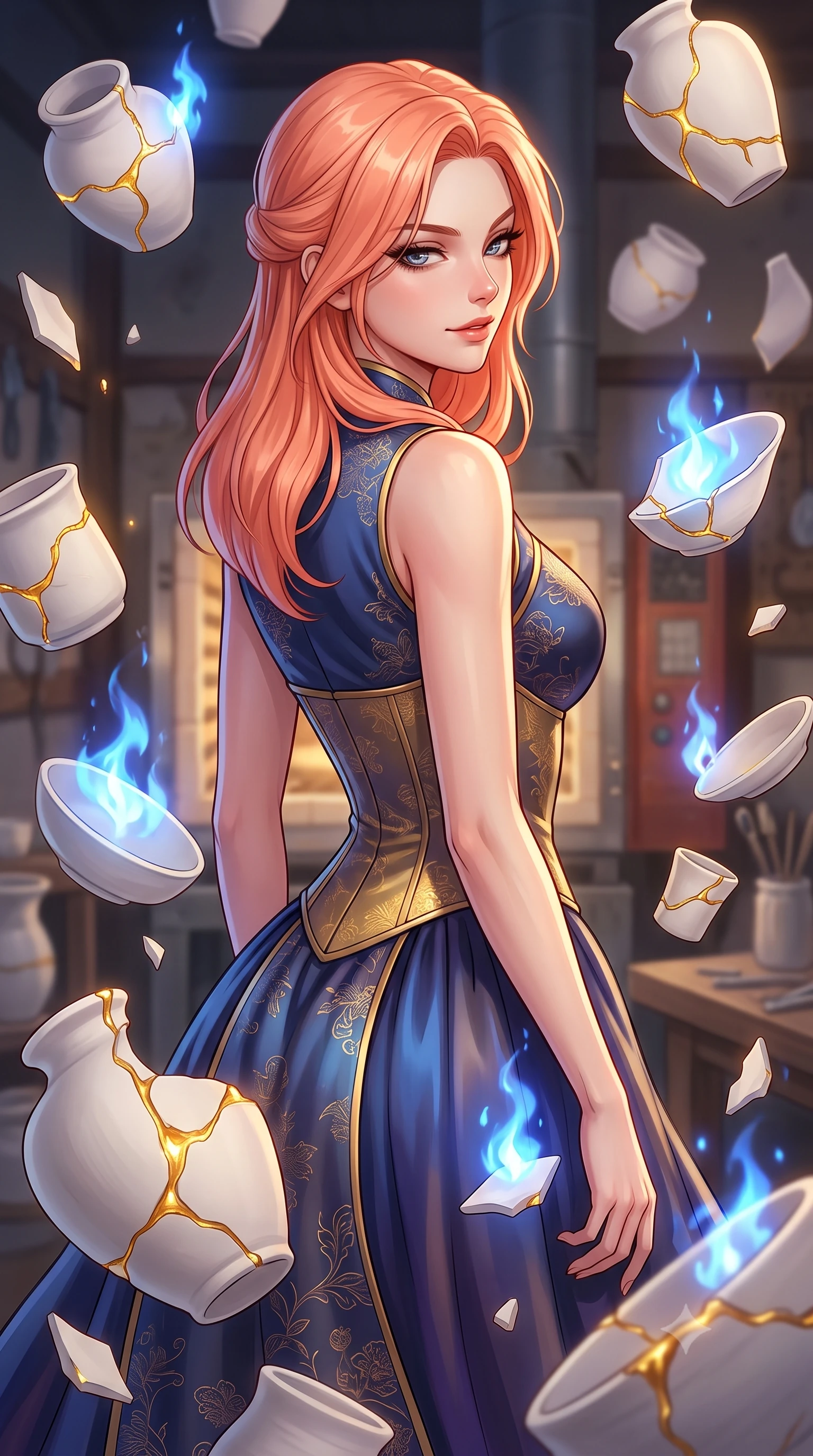 score_9, masterpiece, best quality, ultra-detailed, high-budget anime keyframe, editorial fashion photography, tasteful artistic composition, Japanese woman. close-up cowboy shot from the waist and thighs up, the character dominates the composition, filling the frame with her large presence, background elements kept in soft focus. Glancing sidelong over her shoulder with a smoldering half-smile and heavy lashes navigating a workshop filled with floating clay pottery and glowing gold liquid seams, soft sapphire alchemy flames dancing around white bisque porcelain. She has an exceptionally elegant, slender, and willowy female figure with an ultra-slim waist, a gracefully sculpted slender torso, and a refined silhouette. sharp v-shaped jawline, high-bridge nose, intricate jewel-like eyes with depth, thick eyelashes, glossy lips with a natural sheen. wearing a modern fusion silk hanbok dress with a structured bodice and flowing chiffon skirt, the glove-like fit emphasizing her statuesque silhouette. illuminated by a dramatic contrast of sapphire alchemy flames and warm golden glow. highly saturated vibrant anime colors, detailed shading with soft gradients, rich glossy textures, high-contrast stereoscopic depth, volumetric dynamic lighting, master piece, 9:16 ratio