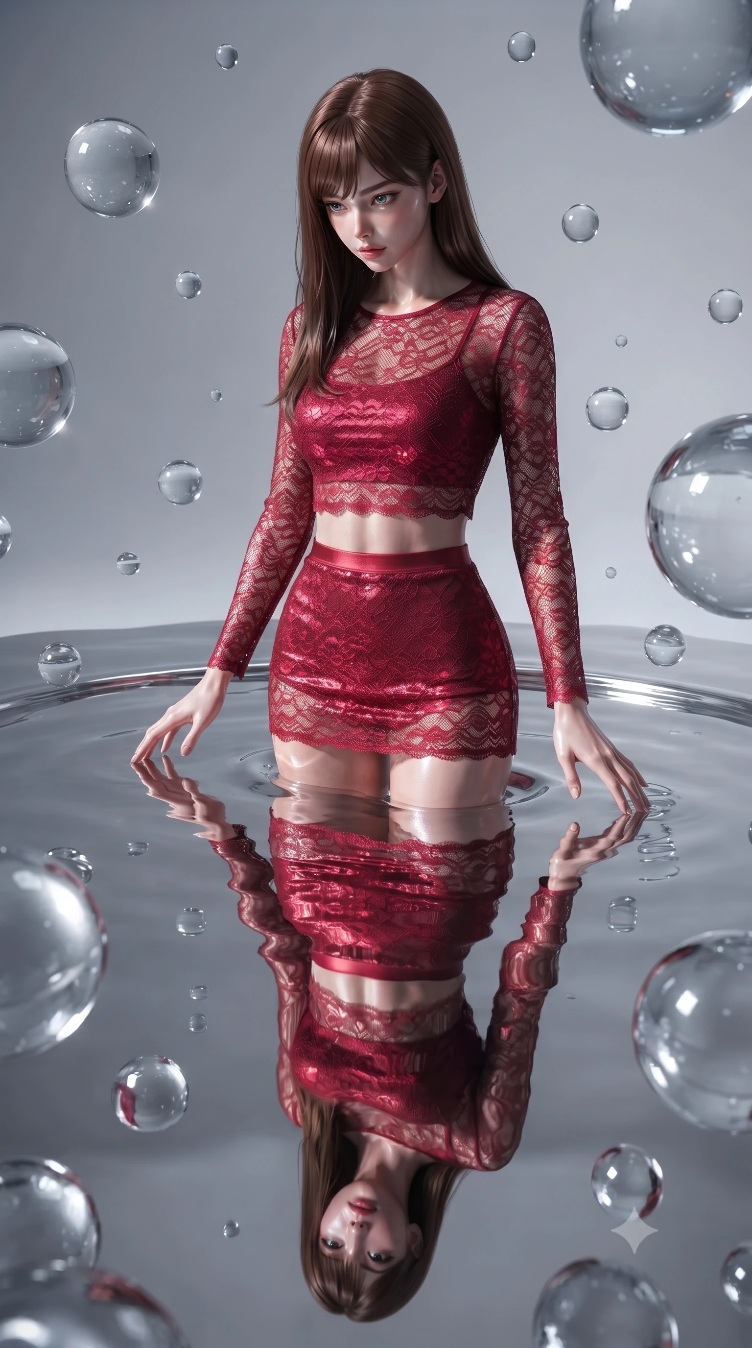 score_9, masterpiece, best quality, ultra-detailed, High-budget Anime Keyframe, editorial fashion photography, tasteful artistic composition, realistic cosplay photography, East Asian woman. Low angle cowboy shot filling the entire 9:16 frame with her statuesque presence. Scenario 428: gazing at her reflection in a pool of liquid silver in a zero-gravity sanctuary filled with floating water spheres. Her presence is magnetic and overpowering in this high-budget cinematic scene. Outfit 428: a slim-fit crimson red micro-mesh lace mini dress worn over an opaque crop top and high-waisted shorts. The clothing is designed to emphasize her exceptionally tall and slender 8-heads proportion. 8-heads proportion, towering silhouette, ultra-slim waist. sharp v-shaped jawline, intricate jewel-like eyes with depth, thick eyelashes, glossy lips. ultra-reflective glossy finish, specular highlights, metallic sheen, high-contrast stereoscopic depth, volumetric dynamic lighting, 2k, ultra detail, master piece, 9:16 ratio