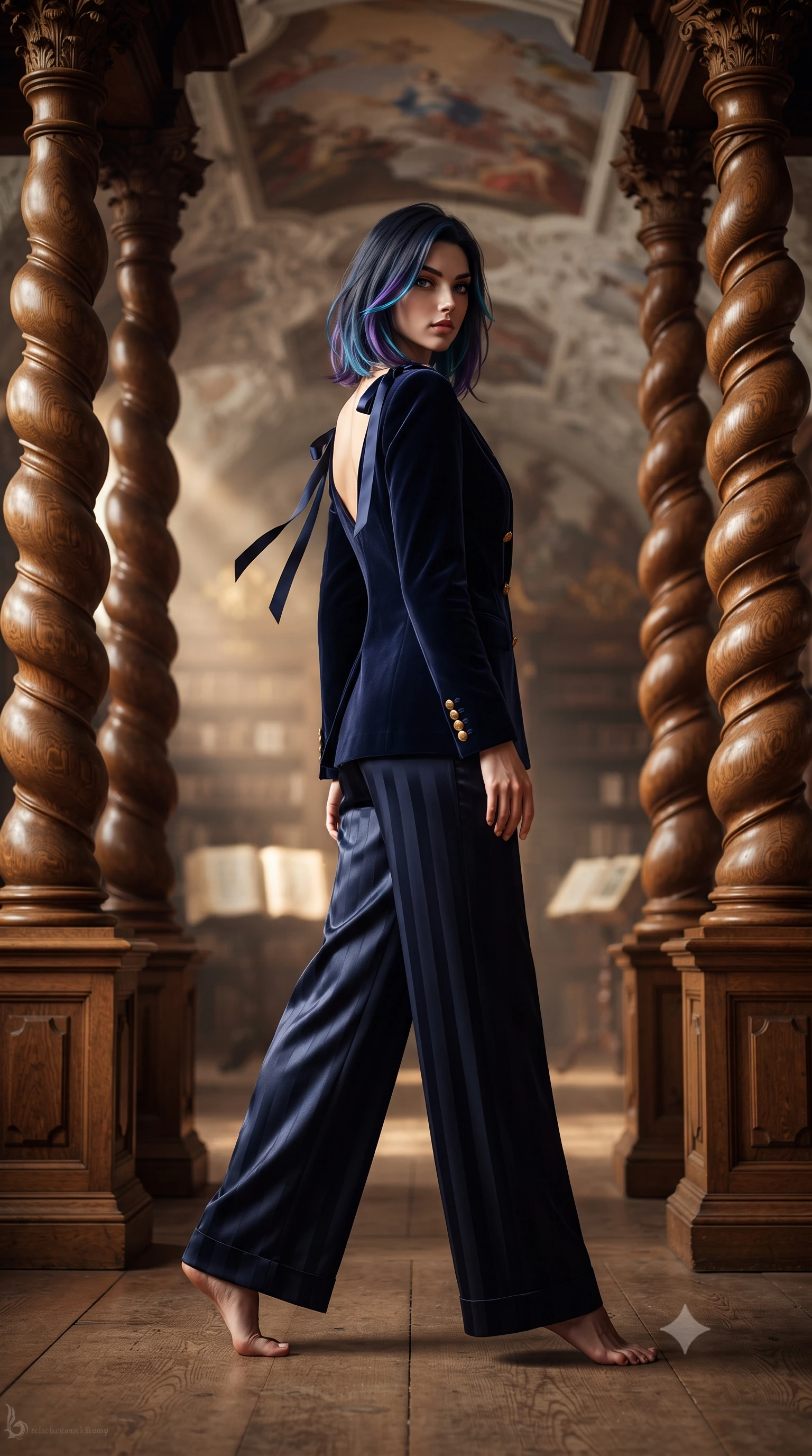 score_9, masterpiece, best quality, ultra-detailed, high-budget anime keyframe, editorial fashion photography, tasteful artistic composition, Caucasian woman. low angle full-body shot from head to toe showing her feet, filling the entire 9:16 vertical frame with her statuesque presence, stretching her vertical silhouette. walking along the terrace with poise, looking back over her bare shoulder with an irresistible smoldering bedroom-gaze while standing poised between monumental spiral carved oak book pillars beneath soaring illusionistic Baroque ceiling frescoes, arching her lower back with aristocratic allure. The background shows a soft-focus ancient vellum book dust caught in warm light beams softened in historic royal library shallow focus. She has an exceptionally tall and slender model-like 8.5-heads proportion, an ultra-slim waist, a flat toned midriff, narrow delicate ribcage, and beautifully sculpted feminine hips creating a graceful, slim hourglass silhouette without any bulky heaviness, with impossibly long slender legs. sharp v-shaped jawline, high-bridge nose, intricate jewel-like sparkling eyes with depth, thick eyelashes, glossy parted lips with a natural peach sheen, bright cheerful beaming smile with an enchanting and coquettish sensual glint, exuding both youthful cute charm and seductive allure, flawlessly proportioned anatomical accuracy, strict slender model proportions, natural body alignment, perfectly sculpted long slender limbs, ultra-slim waistline, clean dynamic posture without body distortion. wearing a tailored Bohemian double-breasted velvet smoking jacket paired with wide-leg satin-stripe trousers in Vltava misty twilight cobalt and polished brass, crafted from bespoke double-faced cashmere with an exceptionally soft tactile finish, finished with satin ribbon ties at the shoulders fluttering in the gentle breeze, the bespoke structured tailoring following the natural line of her 8.5-heads silhouette with refined elegance. illuminated by polished wood reflection fill and sharp honey-gold rim lights defining her razor-sharp jawline, narrow waist, and curvy hips. ultra-reflective glossy finish, specular highlights, rich textural contrasts, high-contrast stereoscopic depth, volumetric dynamic lighting, 2k, ultra detail, master piece, 9:16 ratio