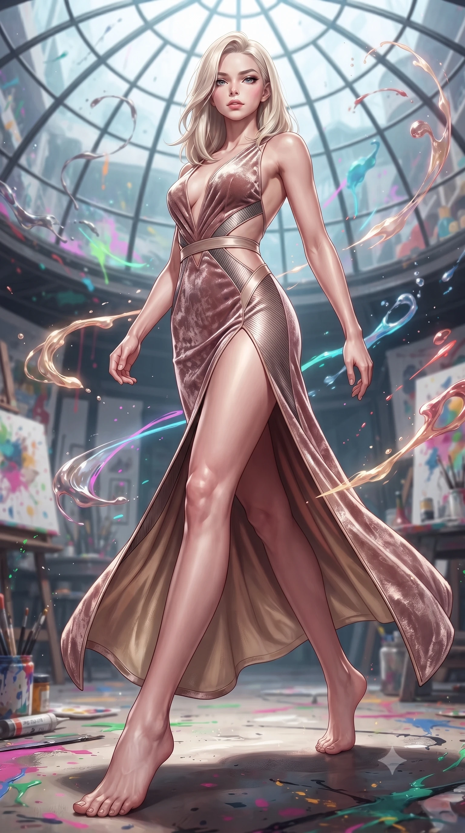 score_9, masterpiece, best quality, ultra-detailed, high-budget anime keyframe, editorial fashion photography, tasteful artistic composition, Caucasian woman. low angle full-body shot from head to toe showing her feet, filling the entire 9:16 vertical frame with her statuesque presence, stretching her vertical silhouette. forging dynamically through the scene, her vertical silhouette beautifully stretched standing inside a glass-domed art atelier filled with floating liquid paint swirls, glowing neon brushstrokes floating poetically around her silhouette. She has an absolutely perfect, statuesque 8.5-heads proportion, an exceptionally tall and slender model-like female figure with impossibly long slender legs and an ultra-slim waist. sharp v-shaped jawline, high-bridge nose, intricate jewel-like eyes with depth, thick eyelashes, glossy lips with a natural sheen. wearing a backless crushed velvet gown with a deep V-neckline and high thigh slit in dusty rose and champagne gold, made of fine carbon-fiber weave and soft matte leather, featuring subtle geometric cutouts that highlight her ultra-slim midriff, the tailored fabric tightly following every curve of her athletic build. bathed in high-contrast vibrant studio lighting with sharp specular highlights. ultra-reflective glossy finish, specular highlights, metallic sheen, high-contrast stereoscopic depth, volumetric dynamic lighting, 2k, ultra detail, master piece, 9:16 ratio