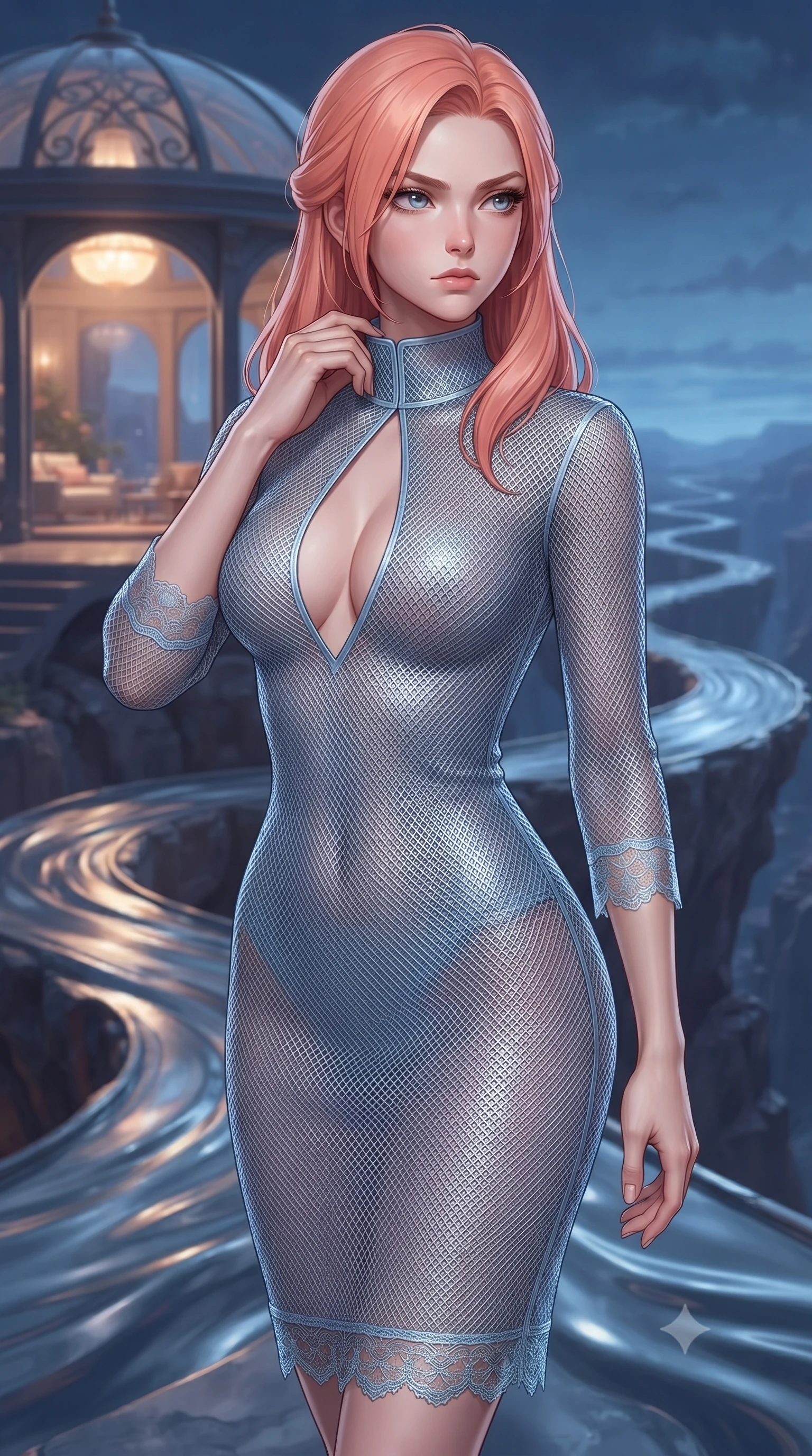 score_9, masterpiece, best quality, ultra-detailed, high-budget anime keyframe, editorial fashion photography, tasteful artistic composition, Japanese woman. close-up cowboy shot from the waist and thighs up, the character dominates the composition, filling the frame with her large presence, background elements kept in soft focus. adjusting the high collar of her body-hugging suit, looking past the camera with quiet, sharp focus and a composed expression, the background shows a soft-focus an undersea dome veranda overlooking a canyon of liquid metal in twilight. She has an exceptionally elegant, slender, and willowy female figure with an ultra-slim waist, a gracefully sculpted slender torso, and a refined silhouette. sharp v-shaped jawline, high-bridge nose, intricate jewel-like eyes with depth, thick eyelashes, glossy lips with a natural sheen. wearing a form-contouring sheer carbon-mesh midi dress in baby blue, featuring a plunging keyhole cutout and lace trim. cool blue twilight sky contrasting with warm interior light from the dome. ultra-reflective glossy finish, specular highlights, metallic sheen, high-contrast stereoscopic depth, volumetric dynamic lighting, 2k, ultra detail, master piece, 9:16 ratio