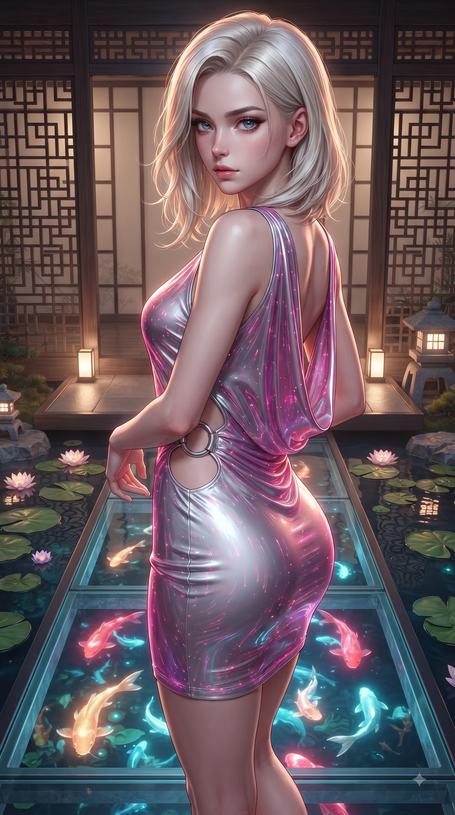 score_9, masterpiece, best quality, ultra-detailed, high-budget anime keyframe, editorial fashion photography, tasteful artistic composition, Caucasian woman. close-up cowboy shot from the waist and thighs up, the character dominates the composition, filling the frame with her large presence. twisting her upper body in a dynamic S-curve with an alluring smolder, one hand trailing along her slender waist while stepping along a floating glass bridge over an illuminated pond filled with swimming light fish. The surrounding environment is rendered in vivid detail and crisp panoramic clarity. intricate wooden lattice patterns, floating water lily pads, and stone lanterns in crisp clarity. She has an exceptionally elegant, slender, and willowy female figure with an ultra-slim waist, a gracefully sculpted slender torso, and a refined silhouette. sharp v-shaped jawline, high-bridge nose, intricate jewel-like eyes with depth, thick eyelashes, glossy lips with a natural sheen, flawlessly proportioned anatomical accuracy, natural body alignment, perfectly sculpted elegant limbs, clean dynamic posture without body distortion. wearing a precision-fitted liquid jersey bodycon dress with a dramatic draped cowl back that swoops down to her waist in chromatic platinum and blazing neon magenta, tailored from semi-translucent cybernetic vinyl with glowing micro-filaments, detailed with polished silver rings connecting the daring side-waist cutouts, the liquid-tight fabric adhering flawlessly to her sculpted torso and slender silhouette. illuminated by soft glowing floor uplights and sharp specular highlights on wet lacquer. ultra-reflective glossy finish, specular highlights, metallic sheen, high-contrast stereoscopic depth, volumetric dynamic lighting, 2k, ultra detail, master piece, 9:16 ratio