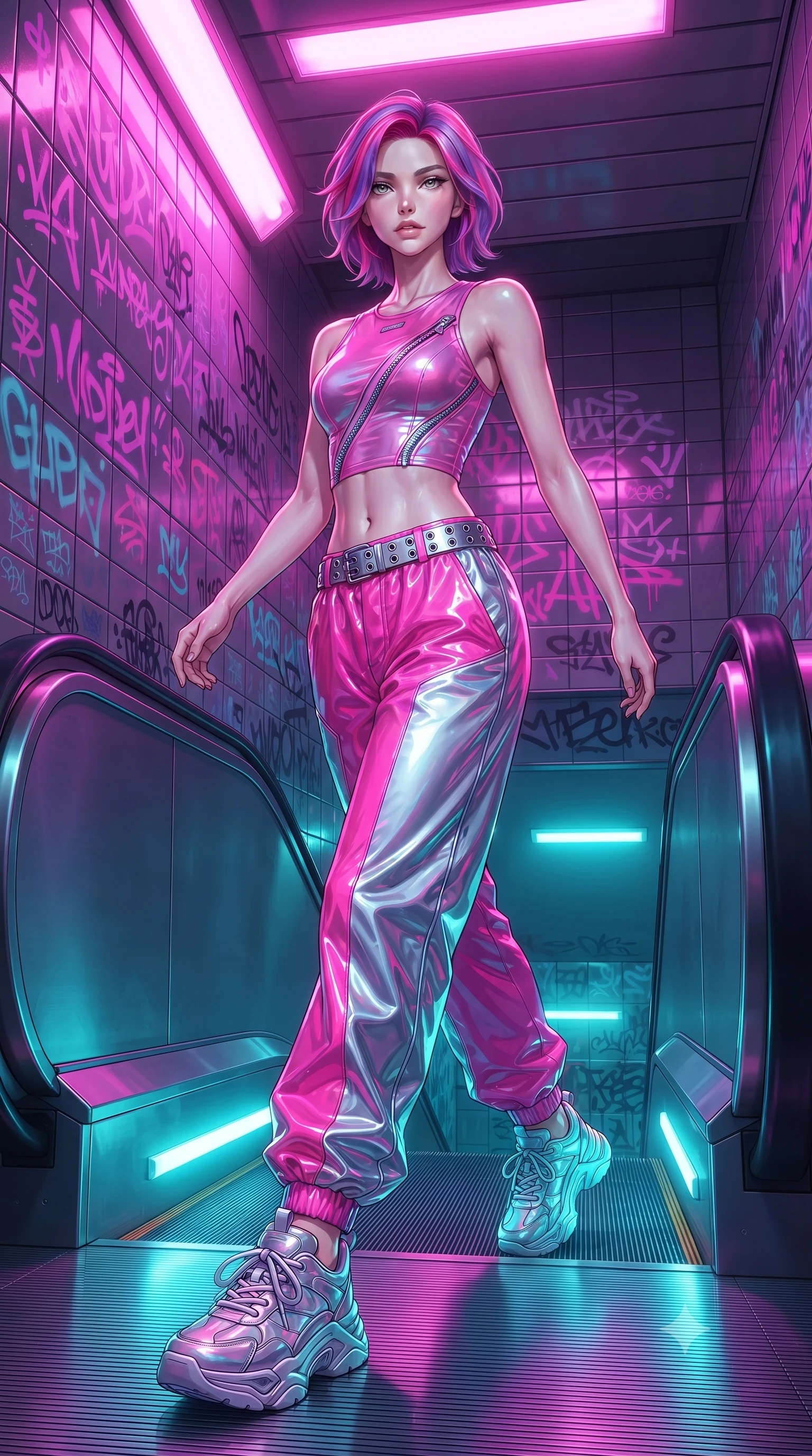 score_9, masterpiece, best quality, ultra-detailed, high-budget anime keyframe, editorial fashion photography, tasteful artistic composition, Caucasian woman. low angle full-body shot from head to toe showing her feet, filling the entire 9:16 vertical frame with her statuesque presence, stretching her vertical silhouette. pivoting dynamically with supreme athletic balance and poise, her impossibly long slender legs creating a breathtaking line while striding down the neon-drenched escalator with confident Y2K swagger and athletic model poise. The surrounding environment is rendered in vivid detail and crisp panoramic clarity. intricate ultraviolet graffiti lettering, reflective tiled walls, and metallic turnstile textures in deep focus. She has an absolutely perfect, statuesque 8.5-heads proportion, an exceptionally tall and slender model-like female figure with impossibly long slender legs, a toned flat midriff, and an ultra-slim waist. sharp v-shaped jawline, high-bridge nose, intricate jewel-like eyes with depth, thick eyelashes, glossy lips with a natural sheen, captivating and magnetic expression, flawlessly proportioned anatomical accuracy, strict slender model proportions, natural body alignment, perfectly sculpted long slender limbs, ultra-slim waistline, clean dynamic posture without body distortion. wearing a Y2K racerback crop tank paired with oversized two-tone nylon windbreaker pants and a grommet belt in bright cyber pink and chrome silver, made of semi-translucent cybernetic vinyl with glowing micro-filaments, accented with metallic zipper teeth running along the diagonal cutouts, the precision-cut daring openings accentuating her delicate midriff, graceful bare collarbones, and ultra-slim feminine waistline. bathed in high-contrast dual lighting of neon pink floodlights and electric cyan underlights. ultra-reflective glossy finish, specular highlights, rich textural contrasts, high-contrast stereoscopic depth, volumetric dynamic lighting, 2k, ultra detail, master piece, 9:16 ratio