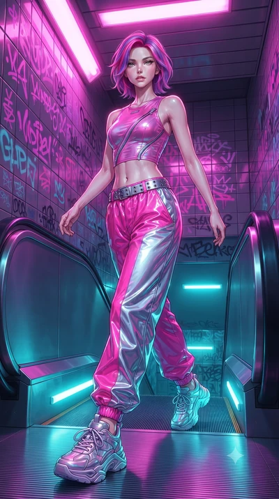 score_9, masterpiece, best quality, ultra-detailed, high-budget anime keyframe, editorial fashion photography, tasteful artistic composition, Caucasian woman. low angle full-body shot from head to toe showing her feet, filling the entire 9:16 vertica