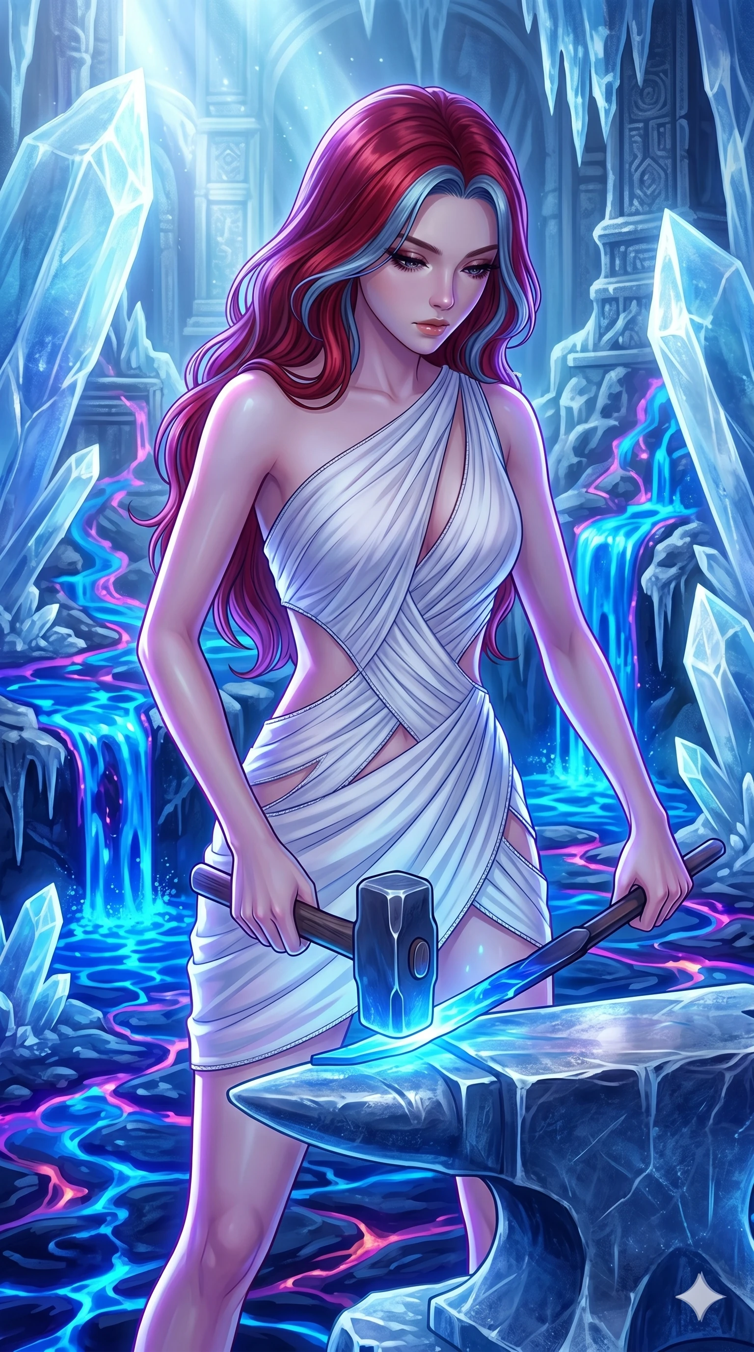 score_9, masterpiece, best quality, ultra-detailed, high-budget anime keyframe, Japanese woman. upper body close-up from the thighs up, character filling the screen for maximum presence. forging in a prismatic ice-volcano temple where glowing cobalt-blue liquid magma flows between frozen blue ash crystals. She has an absolutely perfect 8-heads proportion, an exceptionally tall and slender female figure with impossibly long slender legs and an ultra-slim waist. V-shaped jawline, high-bridge nose, intricate jewel-like eyes with depth, thick eyelashes, glossy lips with a natural sheen.. wearing an asymmetric chiffon draped couture mini dress, featuring draped white chiffon fabric twisting around her body with elegant diamond cutouts on the waist. bathed in brilliant cinematic volumetric lighting and intense neon rim light highlighting her slender form. 2k, ultra detail, master piece, 9:16 ratio
