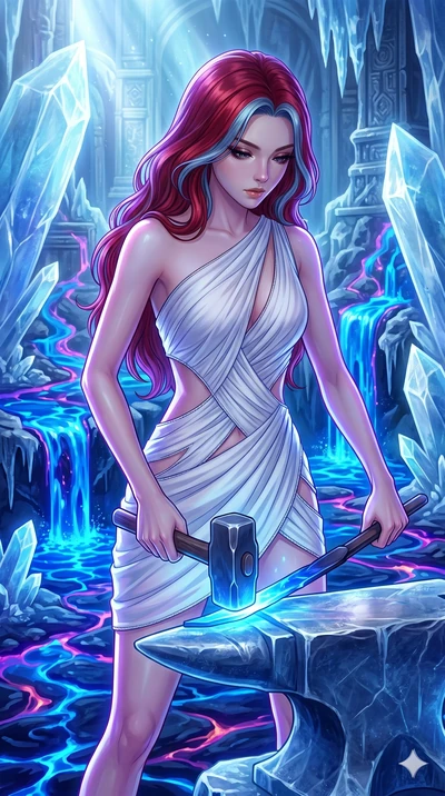 score_9, masterpiece, best quality, ultra-detailed, high-budget anime keyframe, Japanese woman. upper body close-up from the thighs up, character filling the screen for maximum presence. forging in a prismatic ice-volcano temple where glowing cobalt-