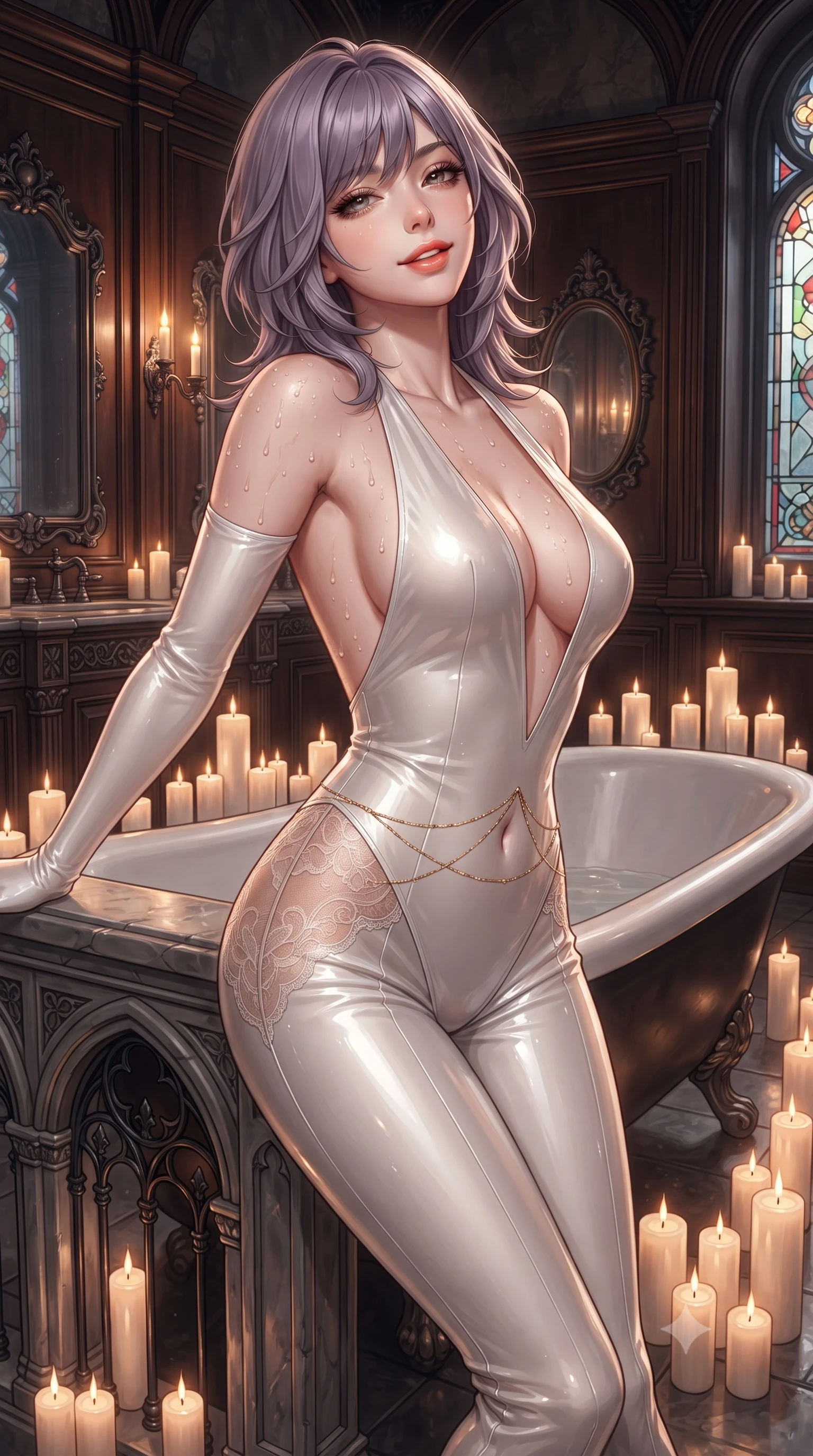 score_9, masterpiece, best quality, ultra-detailed, high-budget anime keyframe, editorial fashion photography, tasteful artistic composition, Japanese woman. close-up cowboy shot from the waist and thighs up, the character dominates the composition, filling the frame with her large presence. leaning back against the balustrade with relaxed seductive grace, head tilted back slightly while casting a hypnotic, heavy-lidded gaze while twisting her slender torso in an alluring S-curve, aromatic rosewater droplets beading across her sculpted bare shoulders and flat midriff. The surrounding environment is rendered in vivid detail and crisp panoramic clarity: detailed wet-look satin slip cling, delicate gold waist chain shine, and bespoke gothic bathroom craftsmanship in high resolution. She has an exceptionally elegant, slender, and willowy female figure with an ultra-slim waist, flat toned midriff, narrow ribcage, and sculpted feminine hips creating an alluring, slim hourglass silhouette without bulk. sharp v-shaped jawline, high-bridge nose, sparkling eyes with hypnotic seductive depth, thick curled eyelashes, glossy parted lips with a natural dewy peach sheen, alluring bedroom-eyes with an enchanting coquettish smile, exuding magnetic siren charisma and sophisticated glamour, flawlessly proportioned anatomical accuracy, strict slender model proportions, natural body alignment, perfectly sculpted long slender limbs, ultra-slim waistline, clean dynamic posture without body distortion. wearing a backless plunge-front second-skin velvet jumpsuit with fluid tapered legs and sheer lace hip inserts in pure pearl alabaster with liquid platinum sheen, crafted from wet-look high-gloss vinyl fabric with dazzling specular surface reflections, accented with a dainty gold belly chain resting across her flat midriff and curving hips, the glove-like clinging cut tightly following the natural contour of her hips and long slender legs with youthful 8.5-heads elegance. bathed in the warm flickering glow of dozens of pillar candles surrounding the tub. ultra-reflective glossy finish, specular highlights, rich textural contrasts, high-contrast stereoscopic depth, volumetric dynamic lighting, 2k, ultra detail, master piece, 9:16 ratio
