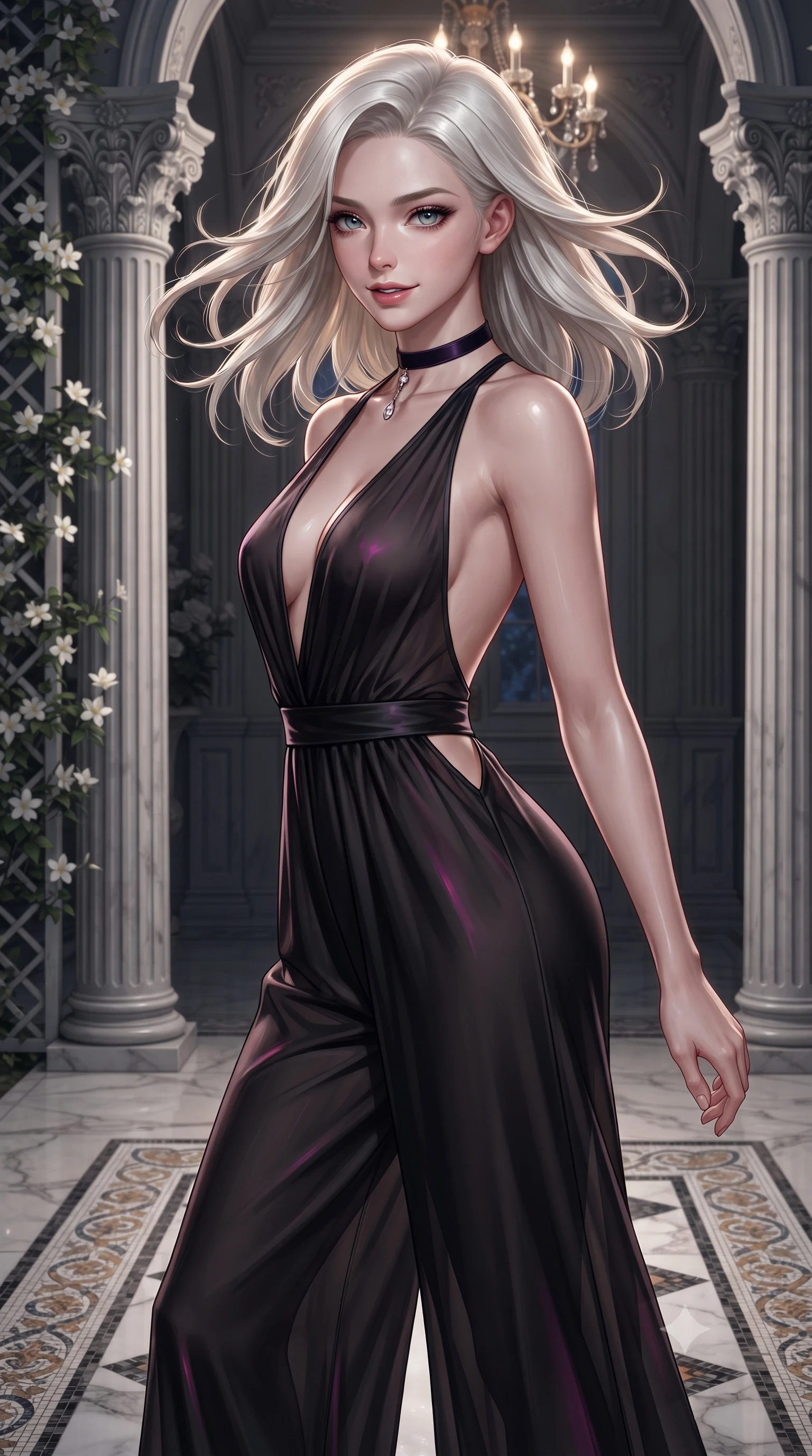 score_9, masterpiece, best quality, ultra-detailed, high-budget anime keyframe, editorial fashion photography, tasteful artistic composition, Caucasian woman. close-up cowboy shot from the waist and thighs up, the character dominates the composition, filling the frame with her large presence. turning slowly with an enchanting smoldering smile, her glossy hair tossing in the breeze as her hips angle gracefully in a captivating contrapposto while twisting her slender torso in an alluring S-curve, silver moonlight and warm interior chandelier light sculpting her silhouette and waist. The surrounding environment is rendered in vivid detail and crisp panoramic clarity: sharp carved Corinthian column capitals, delicate white jasmine petal veins, and marble floor mosaic borders in deep focus. She has an exceptionally elegant, slender, and willowy female figure with an ultra-slim waist, flat toned midriff, narrow ribcage, and sculpted feminine hips creating an alluring, slim hourglass silhouette without bulk. sharp v-shaped jawline, high-bridge nose, sparkling eyes with hypnotic seductive depth, thick curled eyelashes, glossy parted lips with a natural dewy peach sheen, alluring bedroom-eyes with an enchanting coquettish smile, exuding magnetic siren charisma and sophisticated glamour, flawlessly proportioned anatomical accuracy, strict slender model proportions, natural body alignment, perfectly sculpted long slender limbs, ultra-slim waistline, clean dynamic posture without body distortion. wearing a backless plunge-front silk satin jumpsuit with fluid wide-leg silhouette and side hip cutouts in wet-look onyx black with electric magenta reflections, made of sheer gossamer chiffon that drapes softly against skin with airy translucence, finished with a thin velvet ribbon choker and a single teardrop diamond pendant, the liquid-tight tailored fabric clinging flawlessly to her narrow waist and rounded feminine hips, emphasizing every millimeter of her sculpted slim hourglass curves without any bulky heaviness. illuminated by polished marble floor reflections and sharp platinum-gold rim lights defining her razor-sharp jawline, narrow waist, and curvy hips. ultra-reflective glossy finish, specular highlights, rich textural contrasts, high-contrast stereoscopic depth, volumetric dynamic lighting, 2k, ultra detail, master piece, 9:16 ratio