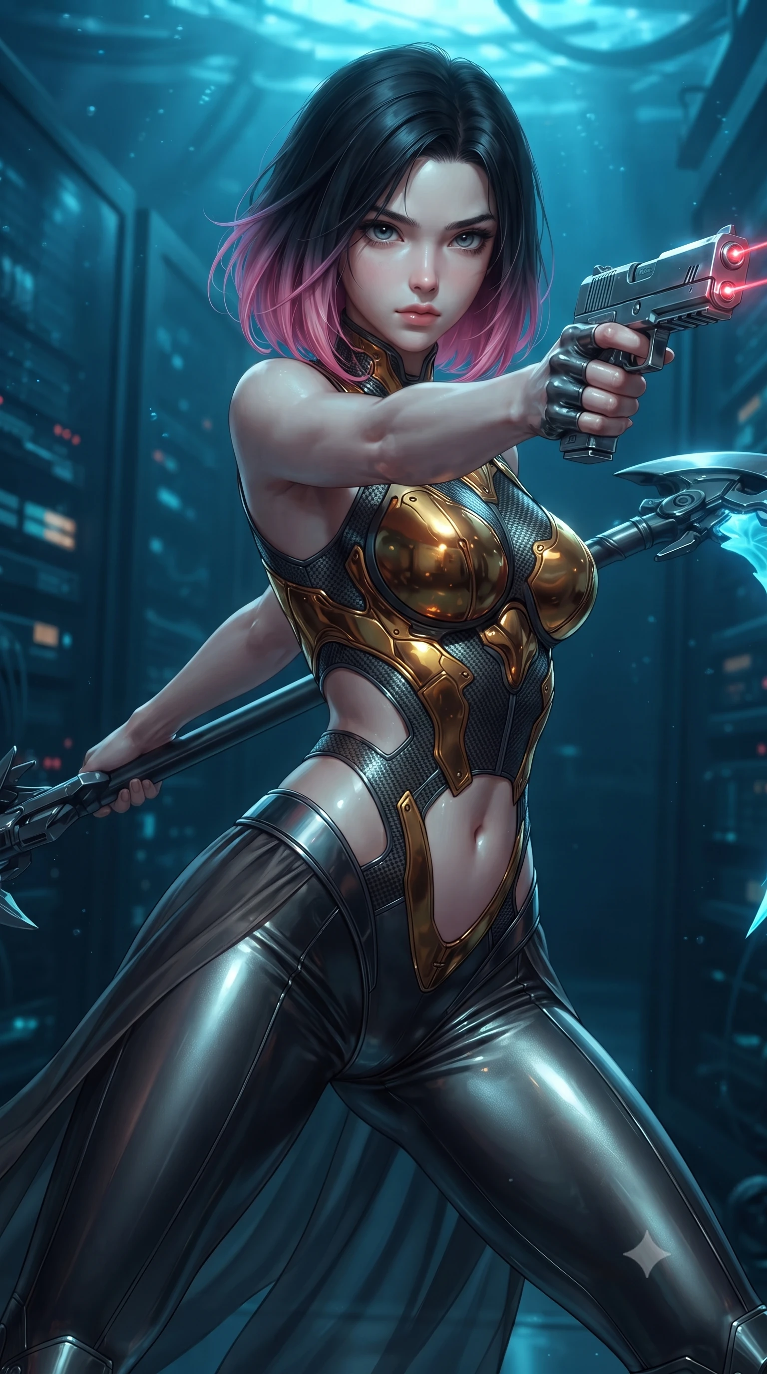 score_9, masterpiece, best quality, ultra-detailed, high-budget anime keyframe, editorial fashion photography, tasteful artistic composition, Korean woman. close-up cowboy shot from the waist and thighs up, the character dominates the composition, filling the frame with her large presence. twisting her upper body in a dynamic S-curve combat stance, one hand steadying her weapon with commanding supermodel allure while arching her back in a fluid roll as dual laser aiming beams cut through the blue aquatic ambient gloom. The surrounding environment is rendered in vivid detail and crisp panoramic clarity. sharp chrome pistol slide details, laser targeting beam emitter points, and server glass reflections in deep focus. She has an exceptionally elegant, slender, and willowy female figure with an ultra-slim waist, a gracefully sculpted slender torso, toned flat midriff, and a refined slim silhouette. sharp v-shaped jawline, high-bridge nose, intricate jewel-like eyes with depth, thick eyelashes, glossy lips with a natural sheen, flawlessly proportioned anatomical accuracy, strict slender model proportions, natural body alignment, perfectly sculpted long slender limbs, ultra-slim waistline, clean dynamic posture without body distortion. wearing a sculpted molten-gold and dark carbon cuirass paired with high-mobility combat leggings and sheer side drapes, wielding a glowing plasma energy scythe with fluid grace in molten amber-gold carbon cuirass with dark titanium weave, made of lightweight aerodynamic carbon-titanium alloy with polished edge bevels, detailed with magnetic weapon holsters and polished chrome connection clasps, the precision-cut daring openings accentuating her delicate midriff, graceful bare collarbones, and ultra-slim feminine waistline. surrounded by an ultra-sleek, stealthy, and intensely seductive oceanic special-operative aura. ultra-reflective glossy finish, specular highlights, dark metallic sheen, high-contrast stereoscopic depth, volumetric dynamic lighting, 2k, ultra detail, master piece, 9:16 ratio
