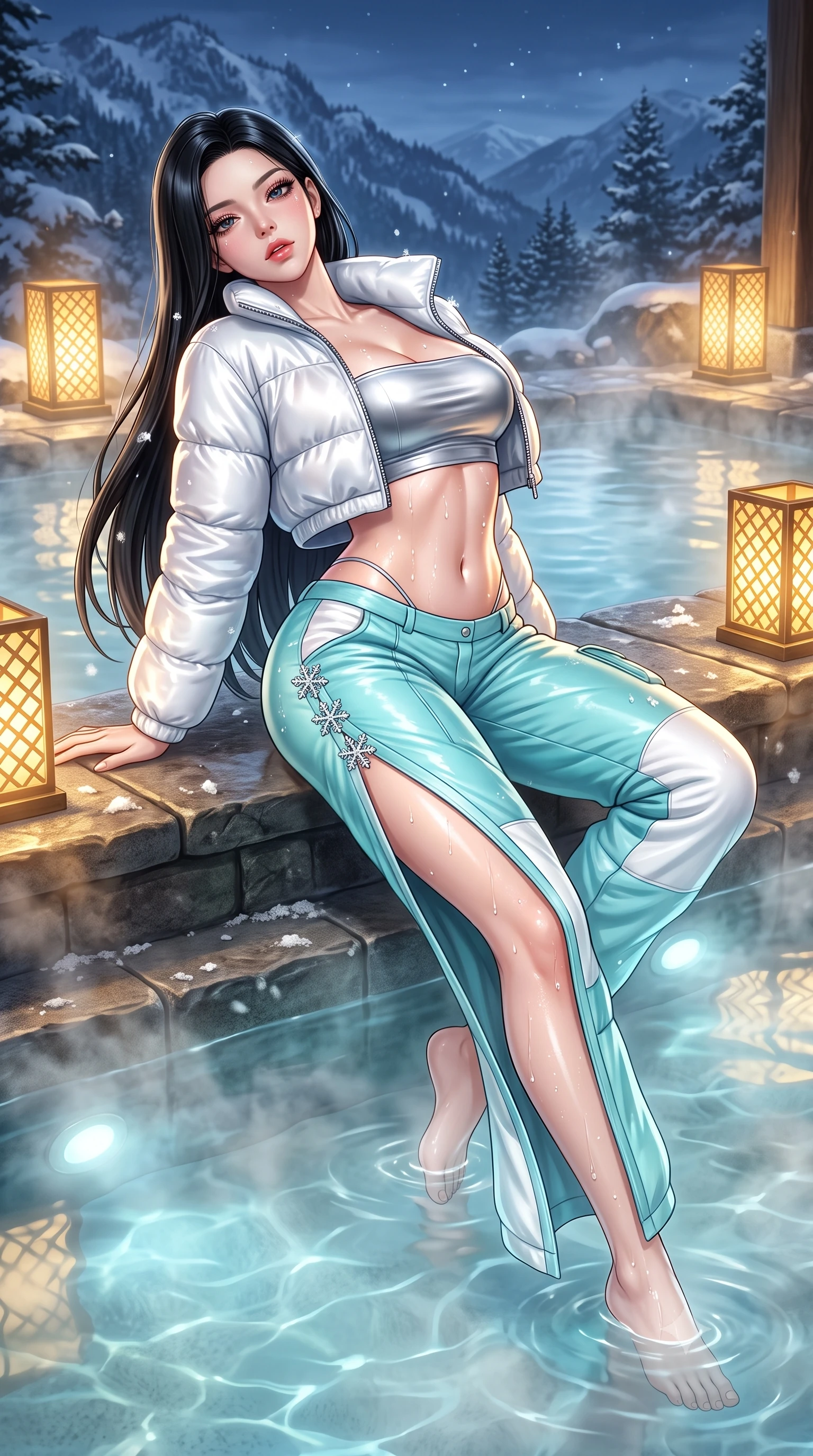score_9, masterpiece, best quality, ultra-detailed, high-budget anime keyframe, semi-realistic 3D game render, editorial fashion photography, tasteful artistic composition, Korean woman. low angle full-body shot from head to toe showing her feet, filling the entire 9:16 vertical frame with her statuesque presence, stretching her vertical silhouette. reclining back languidly with one knee bent and spine arched in a breathtaking dancer line, commanding the entire 9:16 vertical frame while wading through the steaming thermal mineral pool, arching her spine in pure pleasure as snowflakes melt on her glowing skin. The surrounding environment is rendered in vivid detail and crisp panoramic clarity. detailed mountain ridge silhouettes, glowing lantern lattice, and wet skin highlights in high clarity. She has an absolutely perfect, statuesque 8.5-heads proportion, an exceptionally tall and slender model-like female figure with impossibly long slender legs, a toned flat midriff, and an ultra-slim waist. sharp v-shaped jawline, high-bridge nose, intricate jewel-like eyes with depth, thick eyelashes, glossy parted lips with a natural sheen, intensely captivating and seductive expression, flawlessly proportioned anatomical accuracy, strict slender model proportions, natural body alignment, perfectly sculpted long slender limbs, ultra-slim waistline, clean dynamic posture without body distortion. wearing a cropped white puffer jacket worn over a metallic silver tube top and low-slung insulated cargo pants in icy aqua turquoise and snowy white, tailored from ultra-sleek thermal stretch neoprene with satin sheen, accented with an ultra-high side slit secured by crystal snowflake clasps, the liquid-tight tailored fabric emphasizing every curve of her tall, slender model proportions and sculptured silhouette during dynamic movement. bathed in soft underwater pool illumination and warm golden stone lantern downlights. highly saturated vibrant anime colors, detailed shading with soft gradients, rich glossy textures, high-contrast stereoscopic depth, volumetric dynamic lighting, master piece, 9:16 ratio