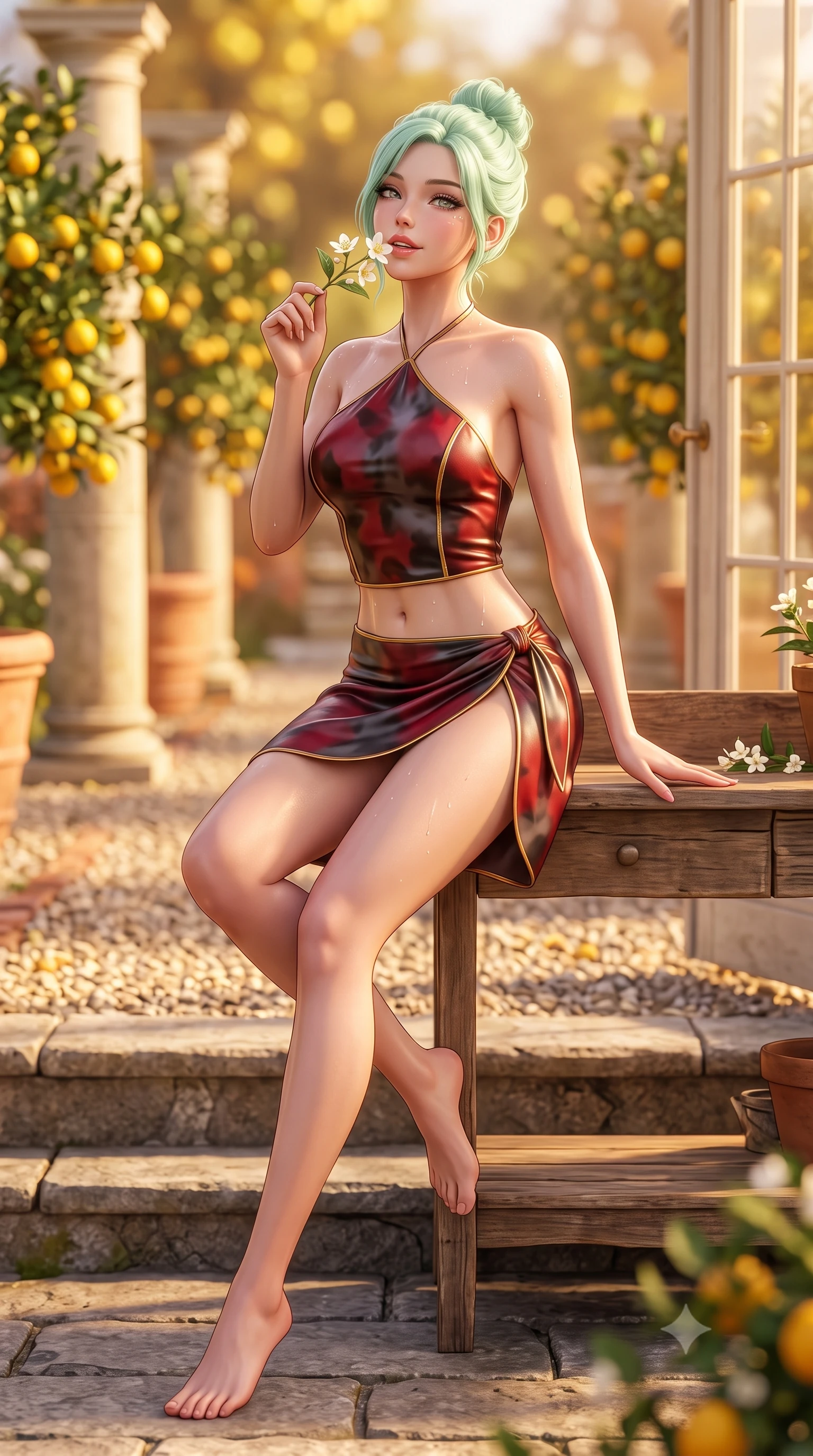 score_9, masterpiece, best quality, ultra-detailed, high-budget anime keyframe, semi-realistic 3D game render, editorial fashion photography, tasteful artistic composition, Japanese woman. low angle full-body shot from head to toe showing her feet, filling the entire 9:16 vertical frame with her statuesque presence, stretching her vertical silhouette. sitting poised on the stone steps with one knee bent, arching her spine with supermodel elegance as she glances upward through thick eyelashes while sitting perched on the rustic wooden potting bench with legs extended, holding a blooming jasmine sprig near her glossy parted lips. The background shows a soft-focus rows of blooming citrus trees with golden fruit, classical limestone pillars, and gravel paths blurred into lemon yellow, terracotta, and olive bokeh. She has an absolutely perfect, statuesque 8.5-heads proportion, an exceptionally tall and slender model-like female figure with impossibly long slender legs, an ultra-slim waist, a flat toned midriff, narrow delicate ribcage, and beautifully sculpted feminine hips creating a graceful, slim hourglass silhouette without any bulky heaviness. sharp v-shaped jawline, high-bridge nose, sparkling eyes with hypnotic seductive depth, thick curled eyelashes, glossy parted lips with a natural dewy peach sheen, alluring bedroom-eyes with an enchanting coquettish smile, exuding magnetic siren charisma and sophisticated glamour, flawlessly proportioned anatomical accuracy, strict slender model proportions, natural body alignment, perfectly sculpted long slender limbs, ultra-slim waistline, clean dynamic posture without body distortion. wearing a liquid-tight halterneck silk camisole paired with a curve-hugging wrap sarong mini skirt with high side slit in rich cherry lacquer and smoky charcoal with gold piping, woven from buttery-soft stretch lambskin leather adhering to her body like a second skin, complemented by glistening drops of moisture beading across her sculpted shoulders and flat midriff, the high-slit wrap tailoring accentuating her ultra-slim waistline and the enchanting curve of her feminine hips with alluring seductive charm. bathed in warm golden late afternoon sunlight flooding through southern-facing glass doors. highly saturated vibrant anime colors, detailed shading with soft gradients, rich glossy textures, high-contrast stereoscopic depth, volumetric dynamic lighting, master piece, 9:16 ratio