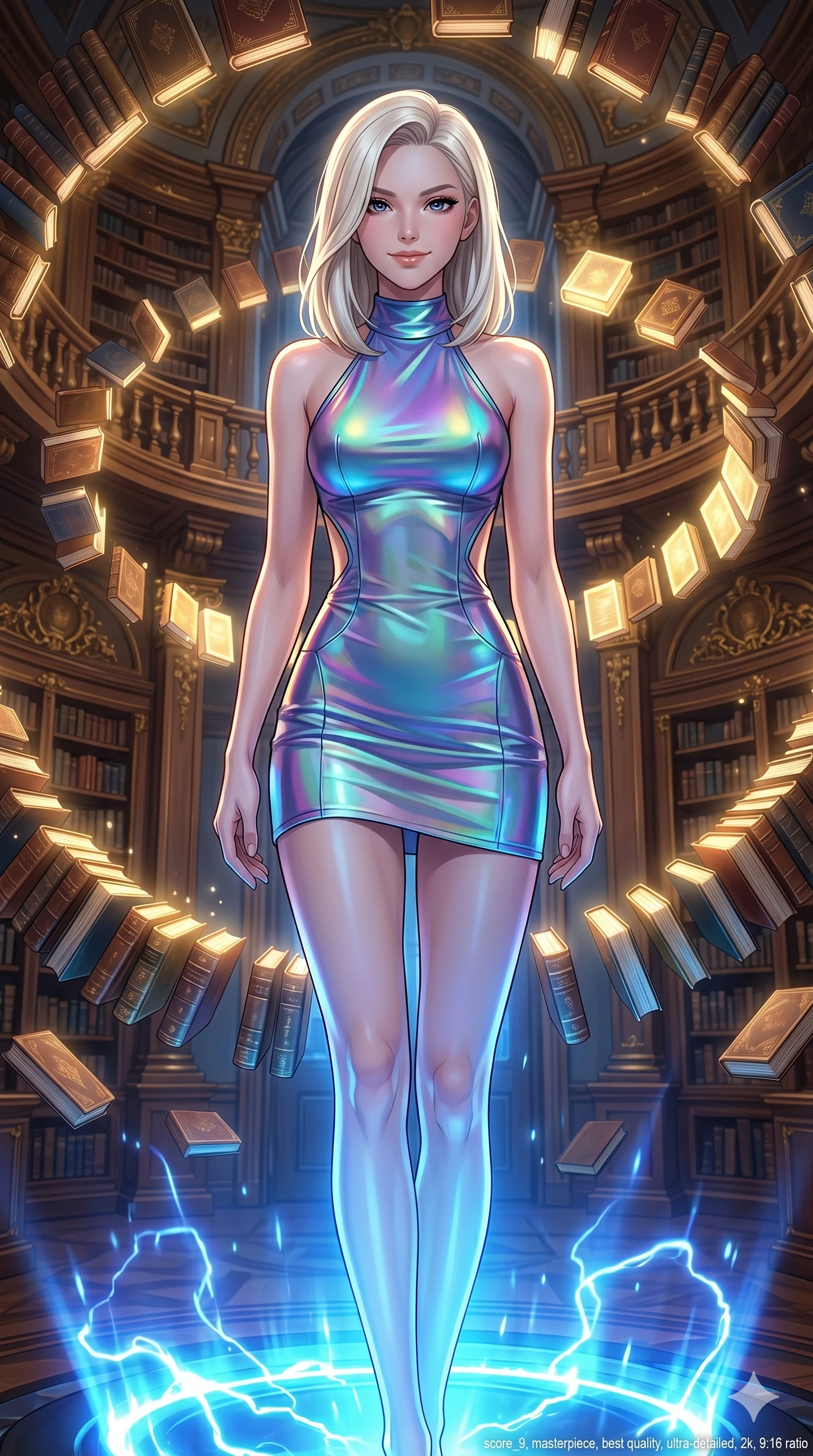 score_9, masterpiece, best quality, ultra-detailed, high-budget anime keyframe, editorial fashion photography, tasteful artistic composition, Caucasian woman, strictly human ears. cowboy shot from the thighs up, character and outfit filling the frame for maximum editorial presence. Smiling with quiet, magnetic self-assurance directly into the camera amidst a baroque library where glowing golden books orbit in slow spiral patterns. She has an absolutely perfect 8-heads proportion, an exceptionally tall and slender female figure with impossibly long slender legs and an ultra-slim waist. V-shaped jawline, high-bridge nose, intricate jewel-like eyes with depth, thick eyelashes, glossy lips with a natural sheen. wearing an iridescent color-shifting halter-neck mini dress with a structured open-back, a precision-fitted form-contouring body and an elevated hemline at the upper thigh. highlighted by pulsing electric blue plasma arc lighting from below, casting dramatic upward shadows. 2k, ultra detail, master piece, 9:16 ratio