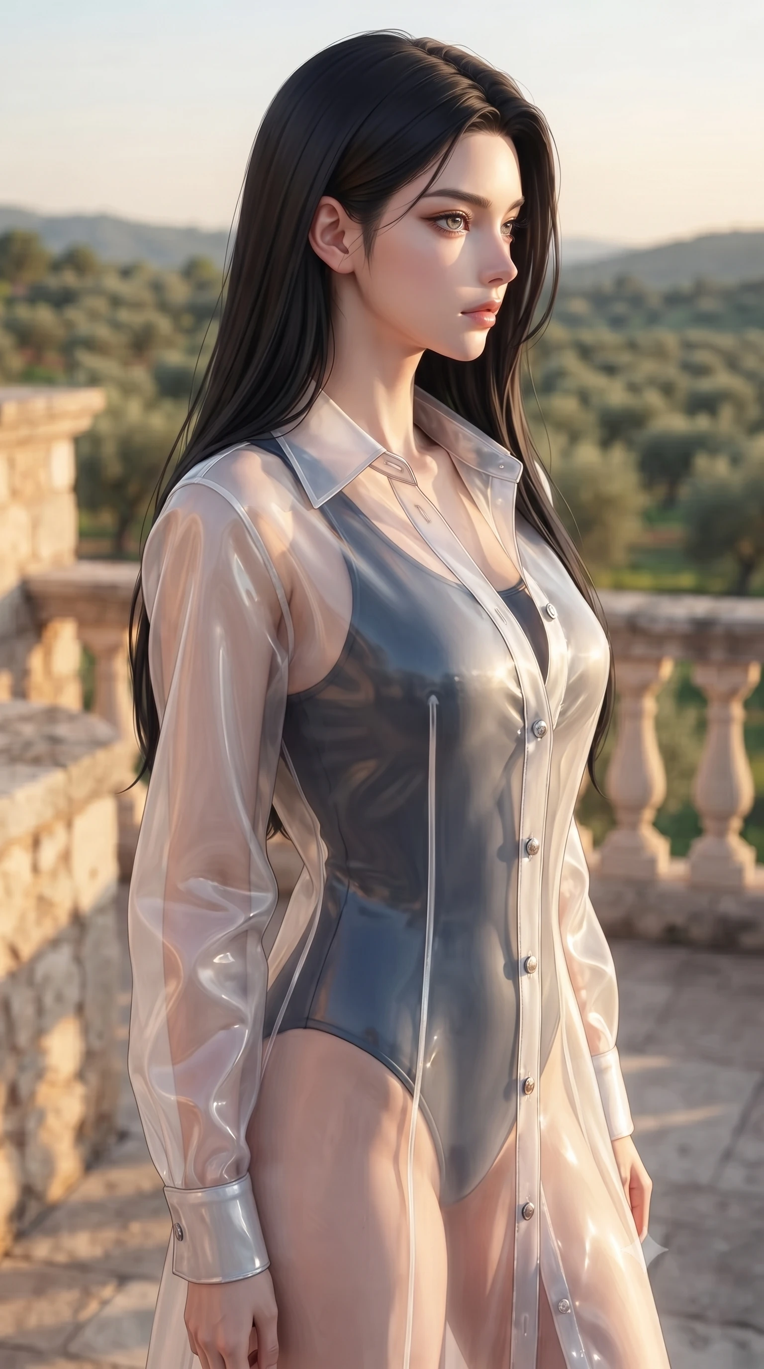 score_9, masterpiece, best quality, ultra-detailed, high-budget anime keyframe, editorial fashion photography, tasteful artistic composition, Korean woman woman. close-up cowboy shot from the waist and thighs up, the character dominates the composition, filling the frame with her large presence, background elements kept in soft focus. turning her face in sharp profile, casting a cold, mysterious, yet intensely alluring side gaze, the background shows a soft-focus a stone terrace overlooking a green valley of olive trees at golden hour. She has an exceptionally elegant, slender, and willowy female figure with an ultra-slim waist, a gracefully sculpted slender torso, and a refined silhouette. sharp v-shaped jawline, high-bridge nose, intricate jewel-like eyes with depth, thick eyelashes, glossy lips with a natural sheen. wearing a form-contouring semi-transparent white organza resort cover-up worn over a form-fitting one-piece swimsuit. late afternoon sun casting a majestic golden glow over the stone walls. ultra-reflective glossy finish, specular highlights, metallic sheen, high-contrast stereoscopic depth, volumetric dynamic lighting, 2k, ultra detail, master piece, 9:16 ratio