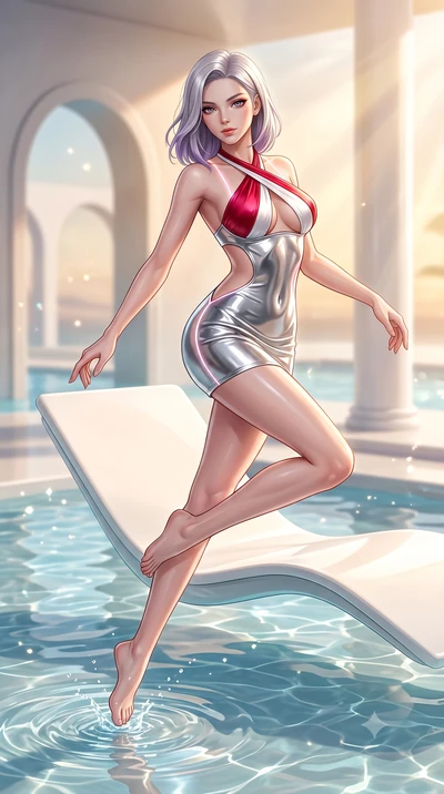 score_9, masterpiece, best quality, ultra-detailed, high-budget anime keyframe, semi-realistic 3D game render, editorial fashion photography, tasteful artistic composition, Caucasian woman. low angle full-body shot from head to toe showing her feet, 