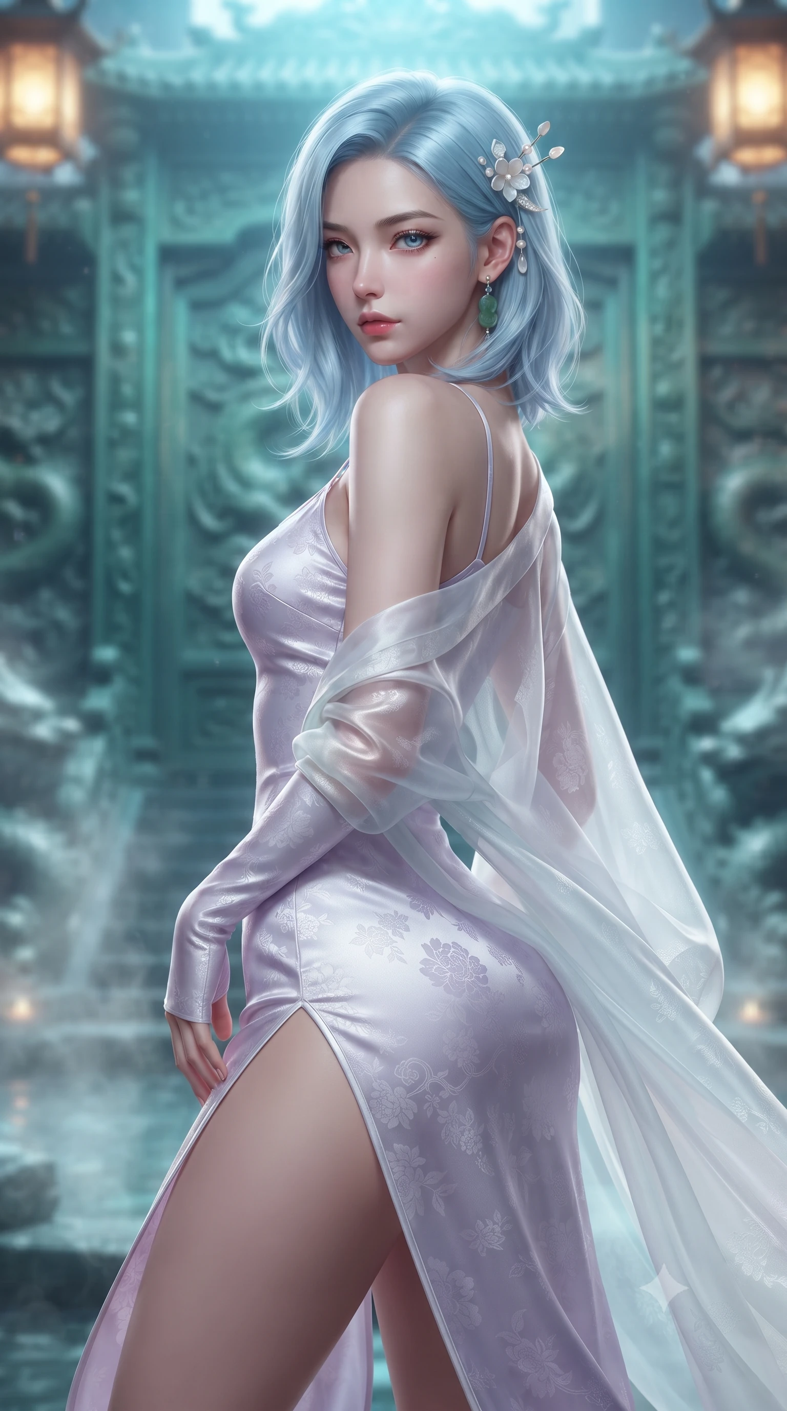 score_9, masterpiece, best quality, ultra-detailed, high-budget anime keyframe, editorial fashion photography, tasteful artistic composition, Korean woman. close-up cowboy shot from the waist and thighs up, the character dominates the composition, filling the frame with her large presence. turning over her shoulder with an indomitable, smoldering gaze, her soft hair framing her razor-sharp v-shaped jawline while arching her spine in a fluid martial arts greeting stance before the colossal biomechanical jade palace gates. The composition keeps background elements in soft focus with creamy bokeh. steaming mineral spring waters and carved dragon reliefs softened in atmospheric depth of field. She has an exceptionally elegant, slender, and willowy female figure with an ultra-slim waist, a gracefully sculpted slender torso, toned flat midriff, and a refined slim silhouette. sharp v-shaped jawline, high-bridge nose, intricate jewel-like eyes with depth, thick eyelashes, glossy lips with a natural sheen, captivating and magnetic expression, flawlessly proportioned anatomical accuracy, strict slender model proportions, natural body alignment, perfectly sculpted long slender limbs, ultra-slim waistline, clean dynamic posture without body distortion. wearing an ethereal moon-goddess gossamer robe worn over a form-contouring pearlescent silk slip in ethereal lilac mist and pearlescent white, made of liquid-smooth silk satin with subtle floral jacquard, accented with mother-of-pearl hair ornaments and a carved jade pendant, the glove-like aerodynamic second-skin fit tightly clinging to her ultra-slender waist and athletic curves without adding bulk, accentuating her razor-sharp statuesque lines and slim hourglass silhouette. bathed in luminous cyan dragon spring uplights and warm imperial gold lantern downlights. ultra-reflective glossy finish, specular highlights, rich textural contrasts, high-contrast stereoscopic depth, volumetric dynamic lighting, 2k, ultra detail, master piece, 9:16 ratio