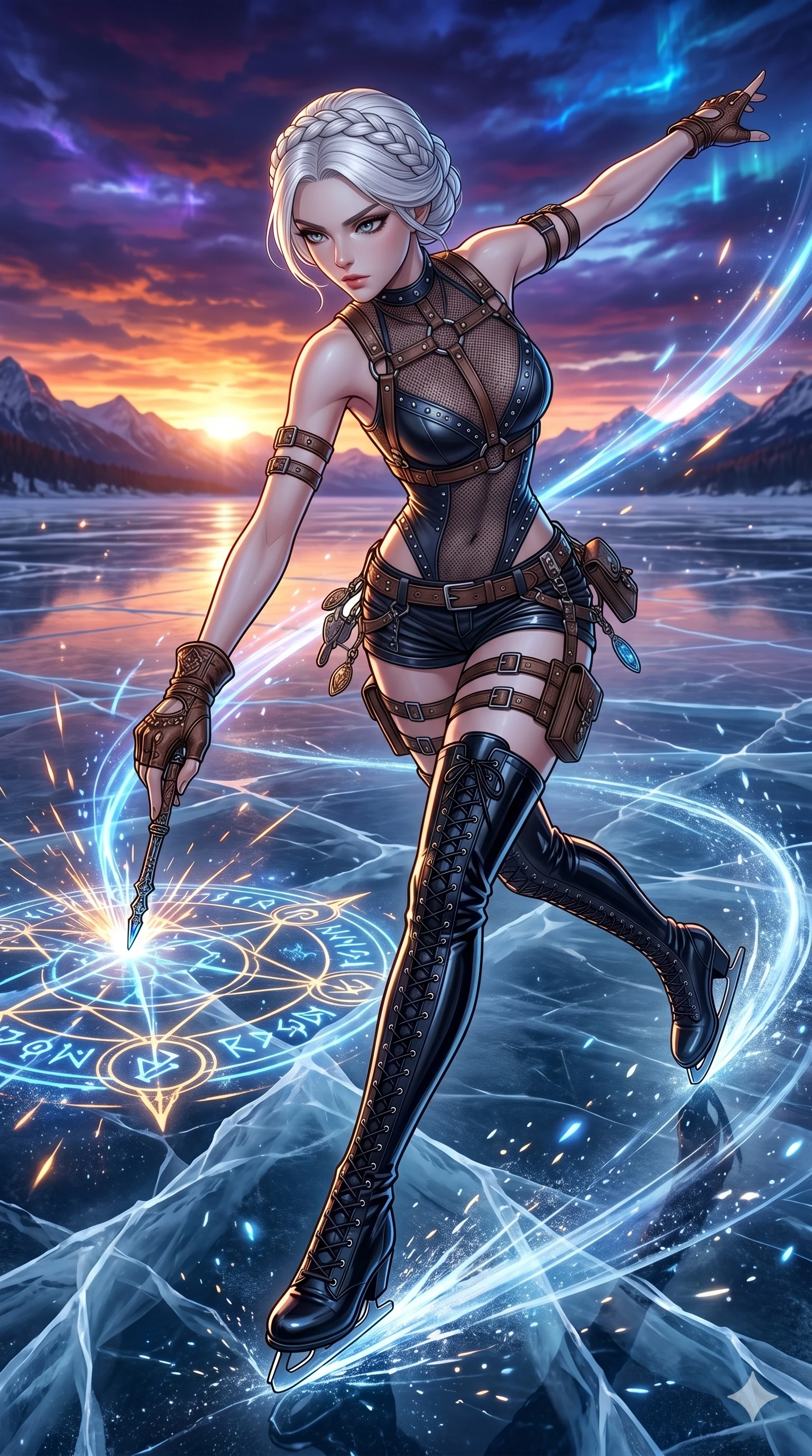 score_9, masterpiece, best quality, ultra-detailed, high-budget anime movie keyframe, cinematic anime lighting, intricate line art, Korean anime girl. Low angle cowboy shot capturing a powerful motion and statuesque presence. gliding across a frozen lake while drawing runes on the ice. She has an absolutely perfect 8-heads proportion, an exceptionally tall and slender female figure with an ultra-slim waist and impossibly long slender legs. strictly human anatomy, two legs only, no extra limbs, clearly defined legs and arms, perfect anatomy, perfect hands and fingers. sharp v-shaped jawline, high-bridge nose, intricate jewel-like eyes, thick eyelashes, glossy lips. Wearing K-Idol Stage: Leather harness over mesh, high-cut bodysuit, studded micro-shorts, and thigh-high patent boots. The scene is illuminated by dramatic atmospheric lighting and vibrant color palettes. , 2k, ultra detail, master piece, 9:16 ratio