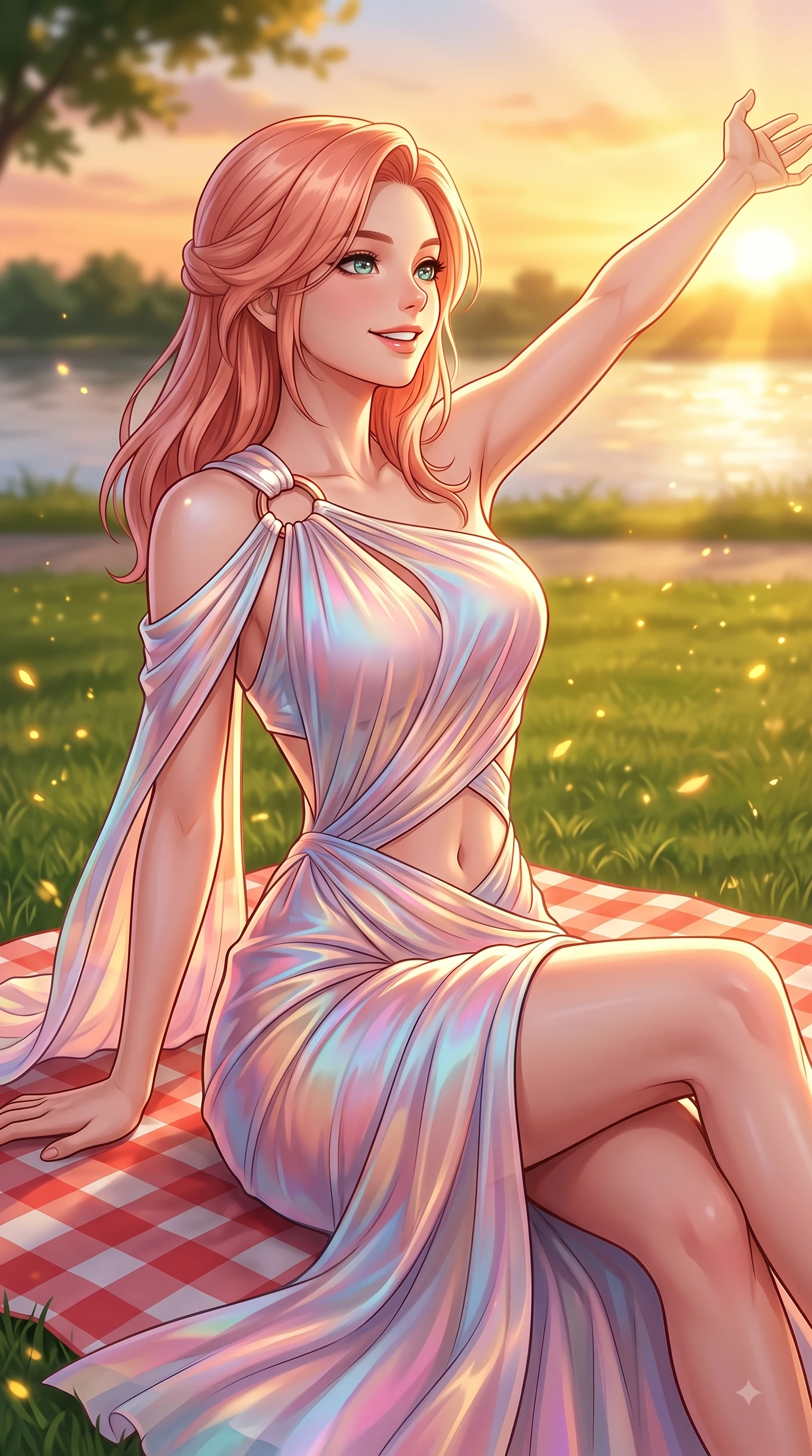 score_9, masterpiece, best quality, ultra-detailed, high-budget anime keyframe, editorial fashion photography, tasteful artistic composition, Japanese woman. close-up cowboy shot from the waist and thighs up, the character dominates the composition, filling the frame with her large presence, background elements kept in soft focus. Extending one arm in an elegant stretch toward the light while smiling with vibrant, youthful self-assurance while sitting playfully on a checkered picnic mat on a green riverfront park lawn at sunset, green park lawns scattered with golden evening light motes and gentle breezes. She has an exceptionally elegant, slender, and willowy female figure with an ultra-slim waist, a gracefully sculpted slender torso, and a refined silhouette. sharp v-shaped jawline, high-bridge nose, intricate jewel-like eyes with depth, thick eyelashes, glossy lips with a natural sheen, flawlessly proportioned anatomical accuracy, natural body alignment, perfectly sculpted elegant limbs, clean dynamic posture without body distortion. wearing an asymmetrical Grecian draped chiffon gown with a metallic shoulder ring in pearl white and rose gold, crafted from iridescent chiffon that shifts colors in the light, featuring subtle geometric cutouts that highlight her ultra-slim midriff, the tailored fabric tightly following every curve of her athletic build. bathed in glorious golden hour sunset sunbeams and warm amber sky radiance. highly saturated vibrant anime colors, detailed shading with soft gradients, rich glossy textures, high-contrast stereoscopic depth, volumetric dynamic lighting, master piece, 9:16 ratio