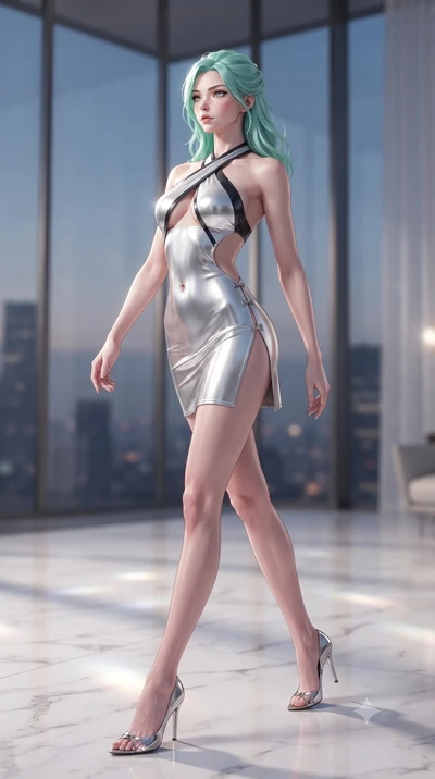 score_9, masterpiece, best quality, ultra-detailed, high-budget anime keyframe, editorial fashion photography, tasteful artistic composition, Japanese woman. low angle full-body shot from head to toe showing her feet, filling the entire 9:16 vertical